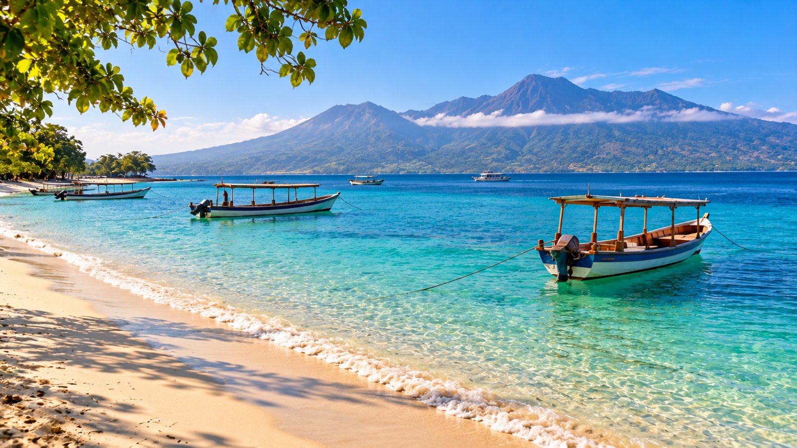 Una spiaggia di sabbia bianca di Gili Air con barche tradizionali di legno sull'acqua turchese e il cono del Monte Rinjani all'orizzonte