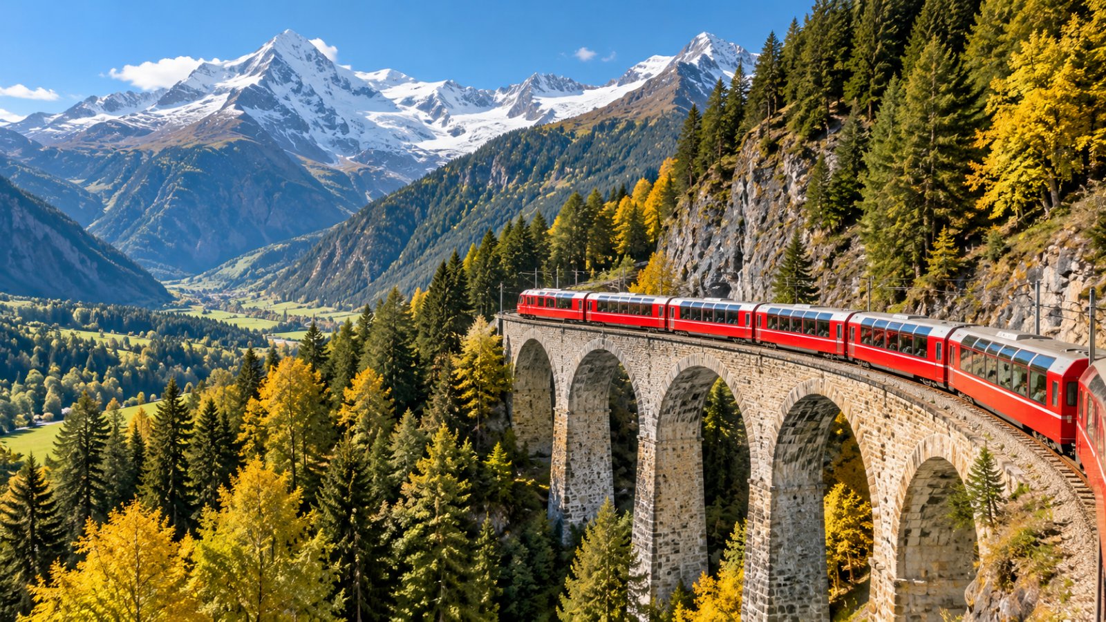 Un treno rosso a carrozze panoramiche percorre un alto viadotto in pietra ad arcate tra boschi di conifere e montagne