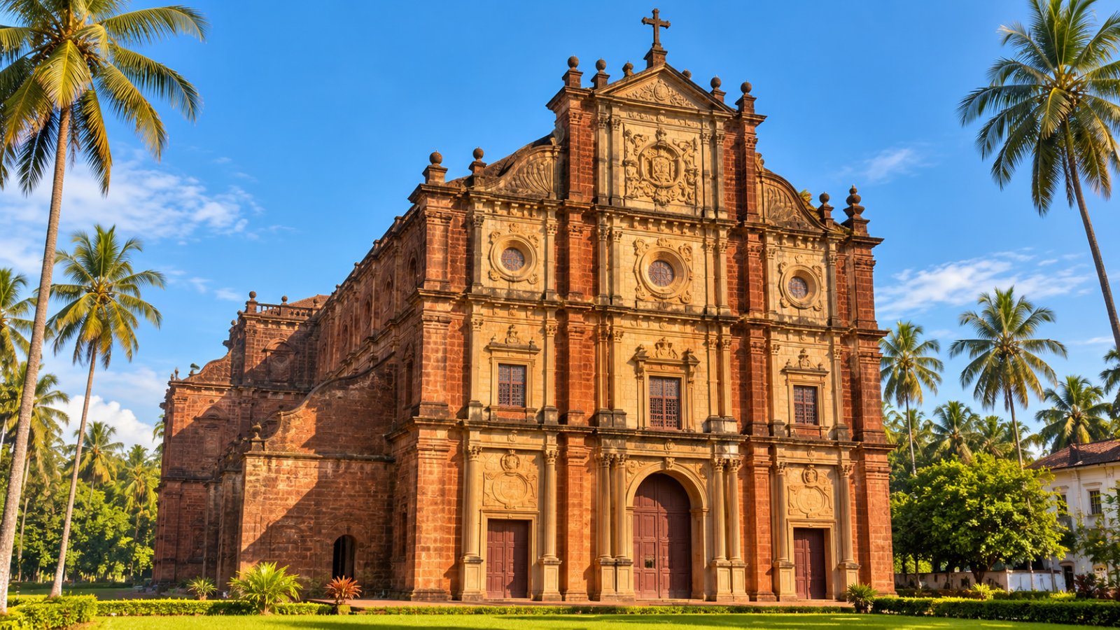 La facciata barocca in pietra rossa della Basilica del Bom Jesus a Old Goa, circondata da palme sotto un cielo azzurro