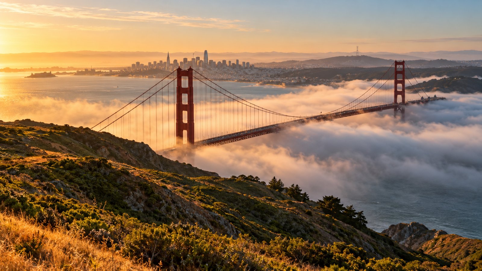 Il Golden Gate Bridge visto dall'alto dei Marin Headlands, con le torri rosse che spuntano da un banco di nebbia e San Francisco sullo sfondo