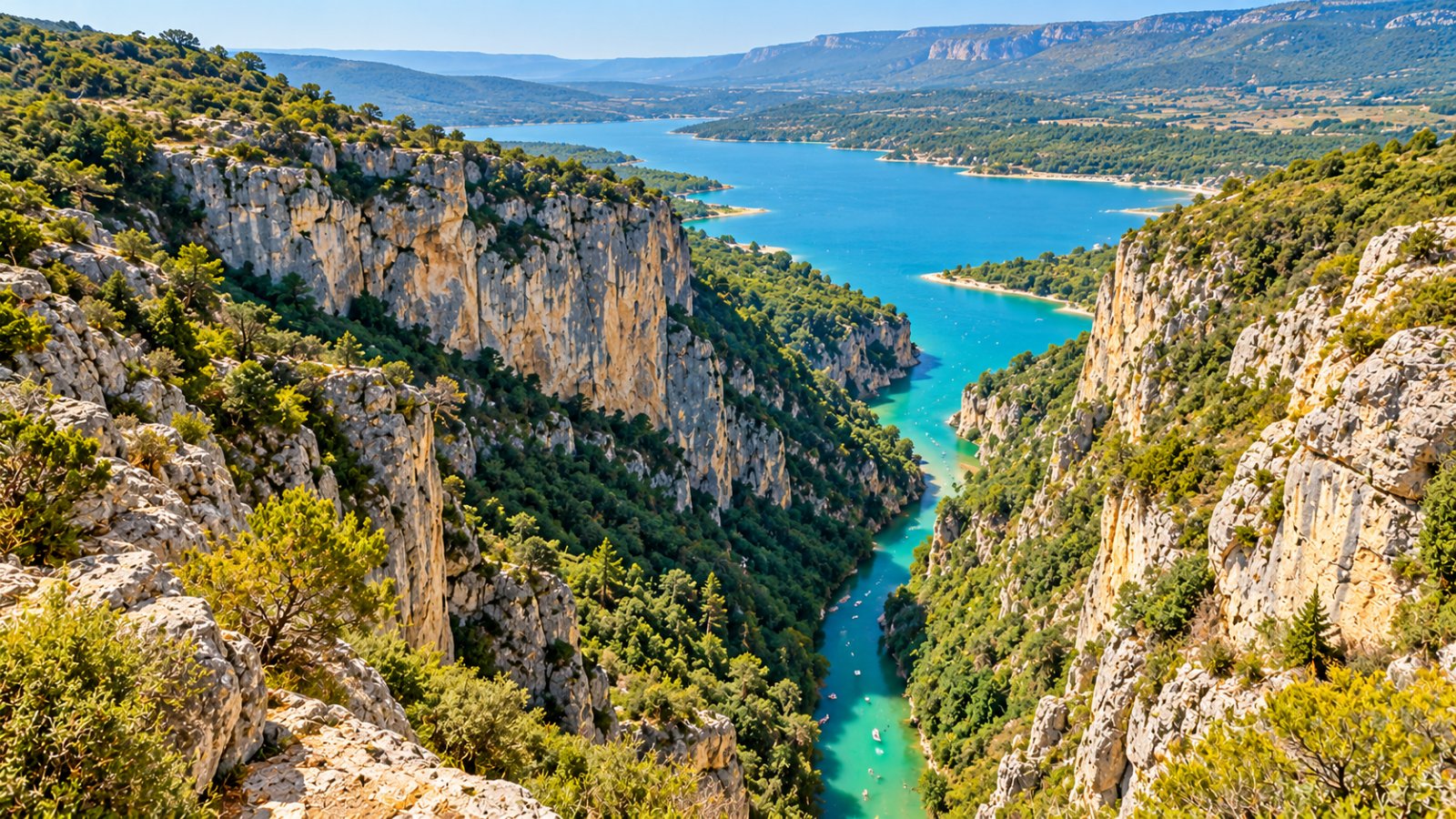 Un profondo canyon di pareti calcaree chiare con un fiume verde smeraldo sul fondo, che sbocca in un lago turchese, nella luce calda del mattino