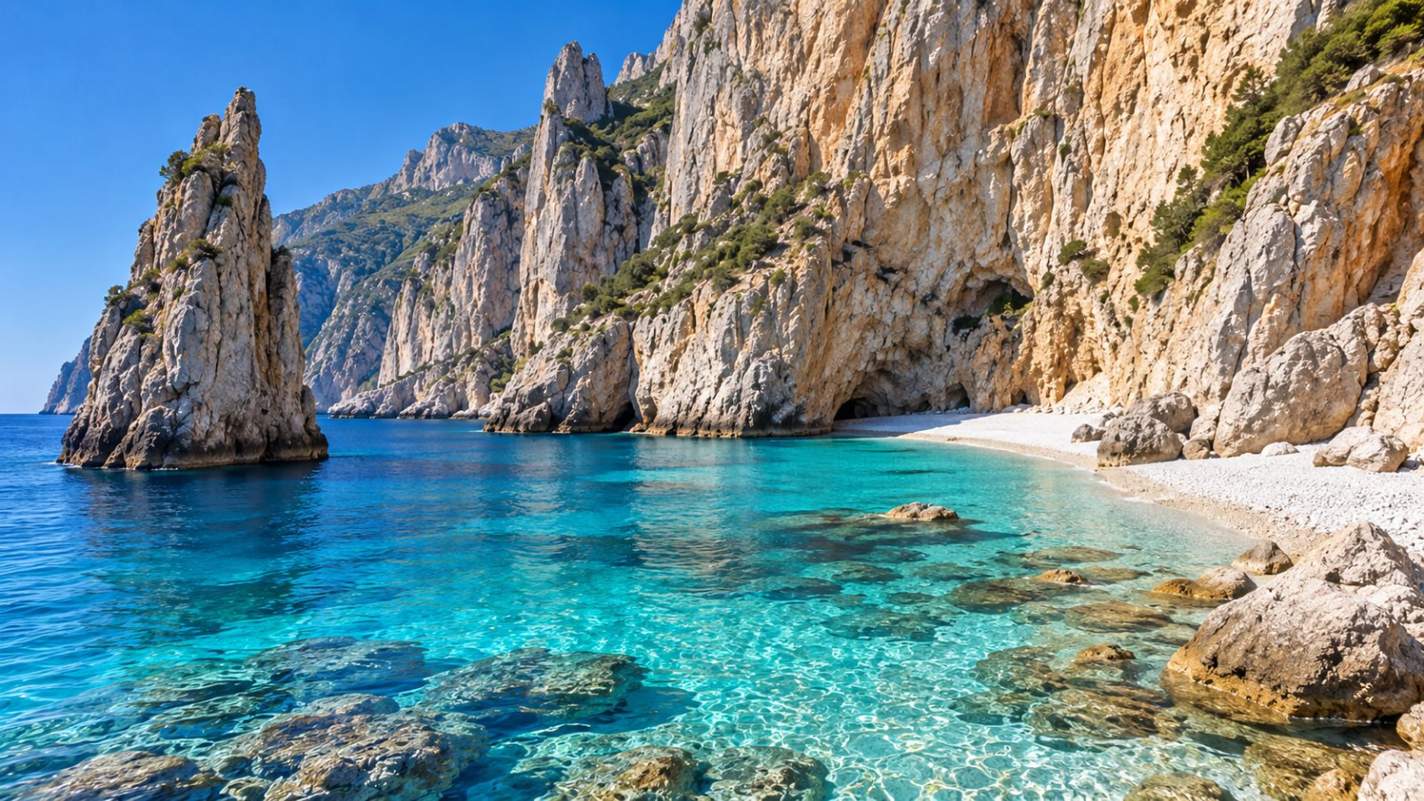 Una cala di ciottoli bianchi sotto le falesie calcaree del Golfo di Orosei con il mare turchese
