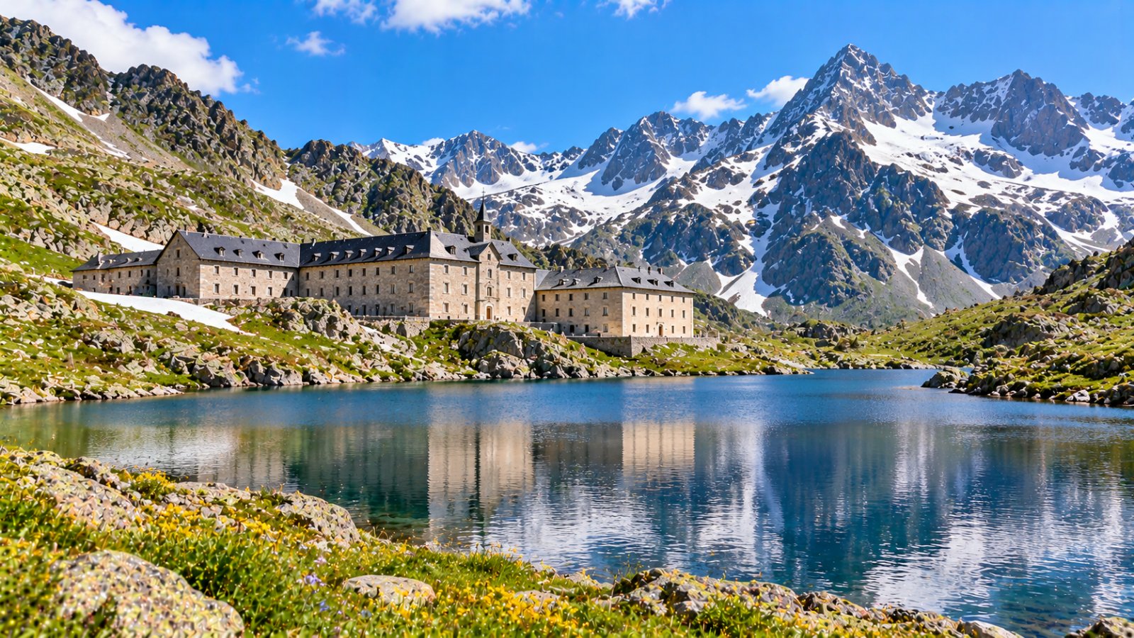 Il Colle del Gran San Bernardo in estate, con il laghetto alpino, gli edifici in pietra dell'ospizio e le montagne rocciose ancora macchiate di neve