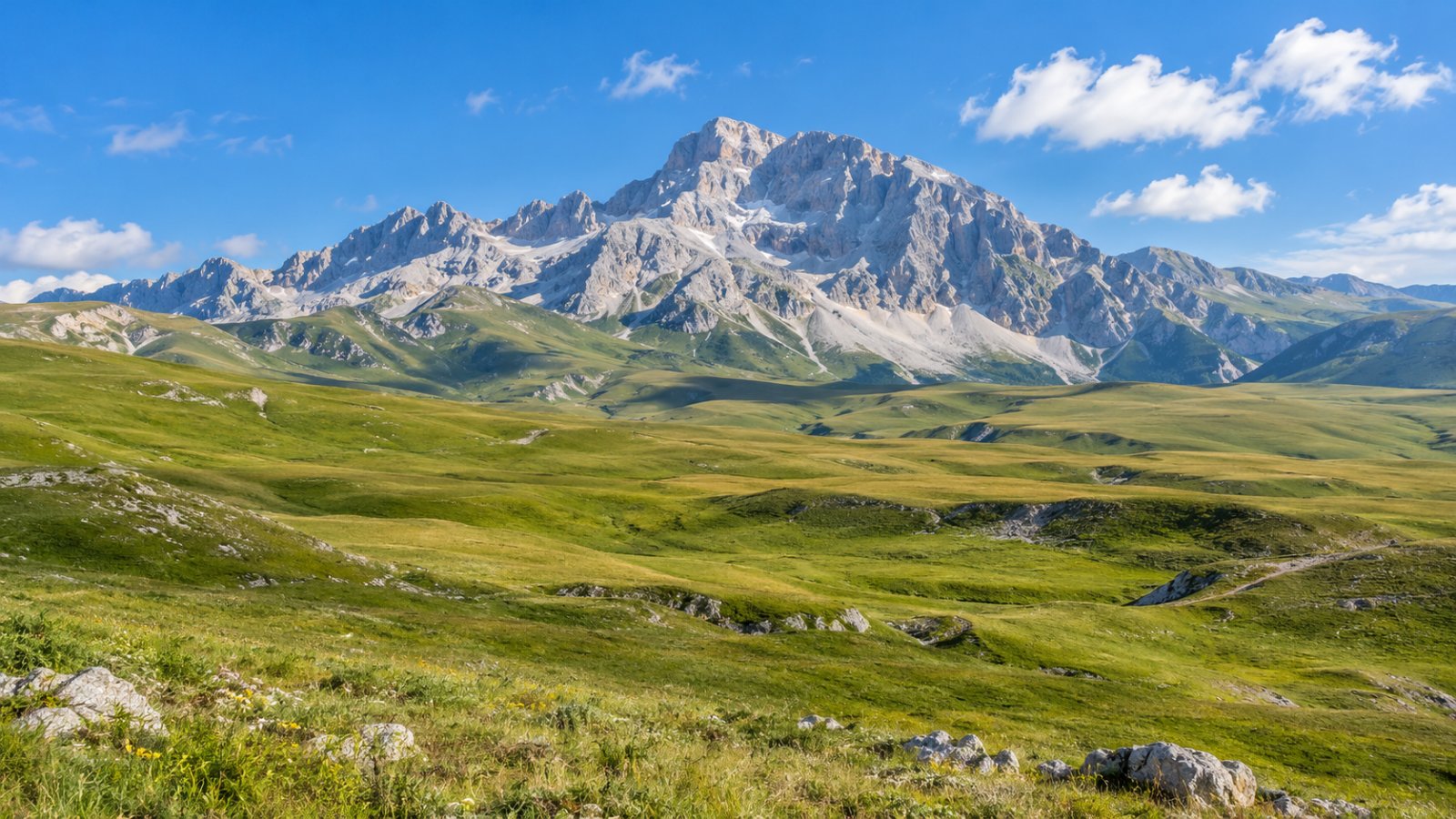 Il grande altopiano erboso di Campo Imperatore d'estate, con il massiccio roccioso del Corno Grande sullo sfondo