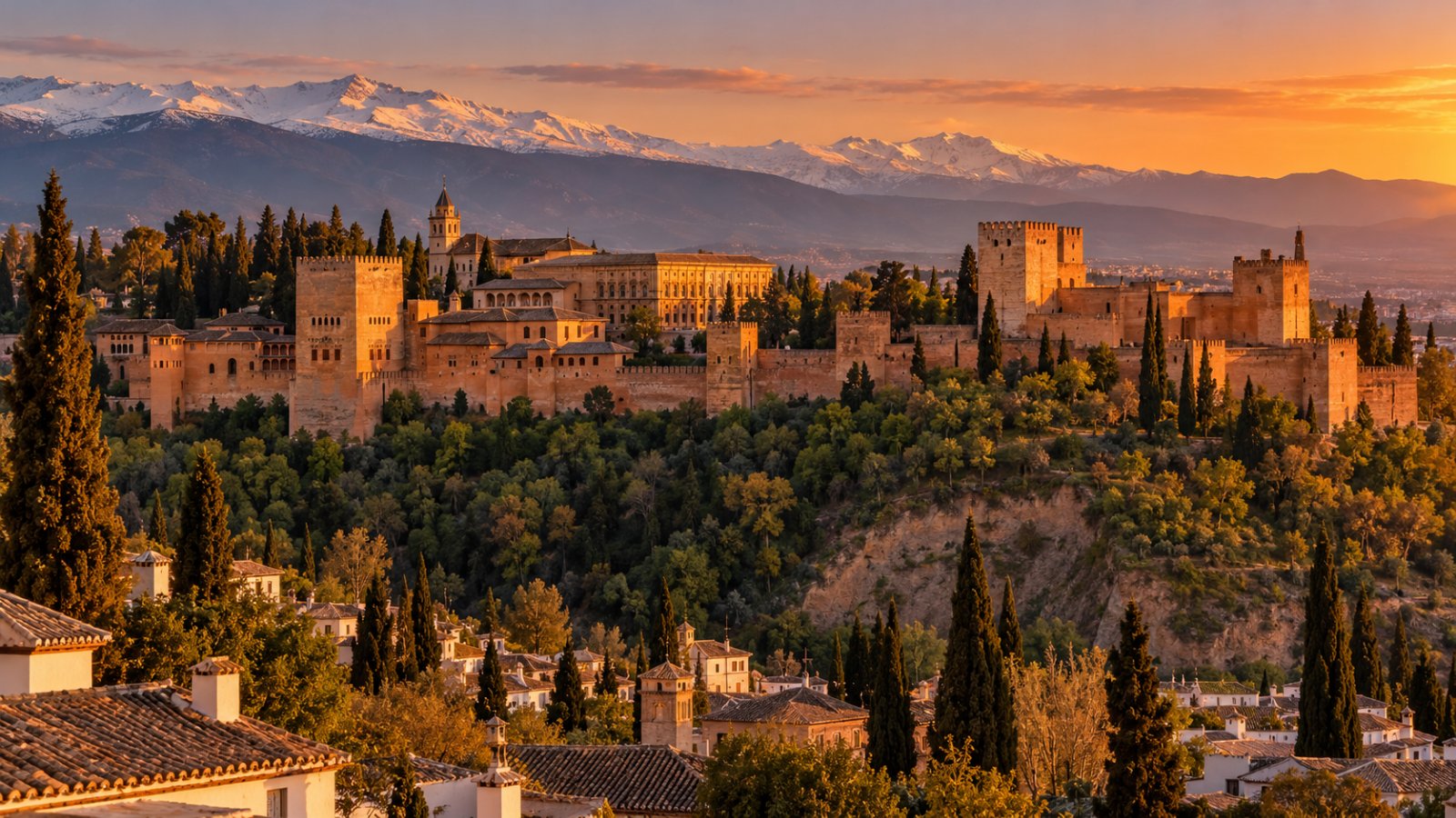 L'Alhambra di Granada sulla collina al tramonto, con le mura rosse e la Sierra Nevada innevata sullo sfondo