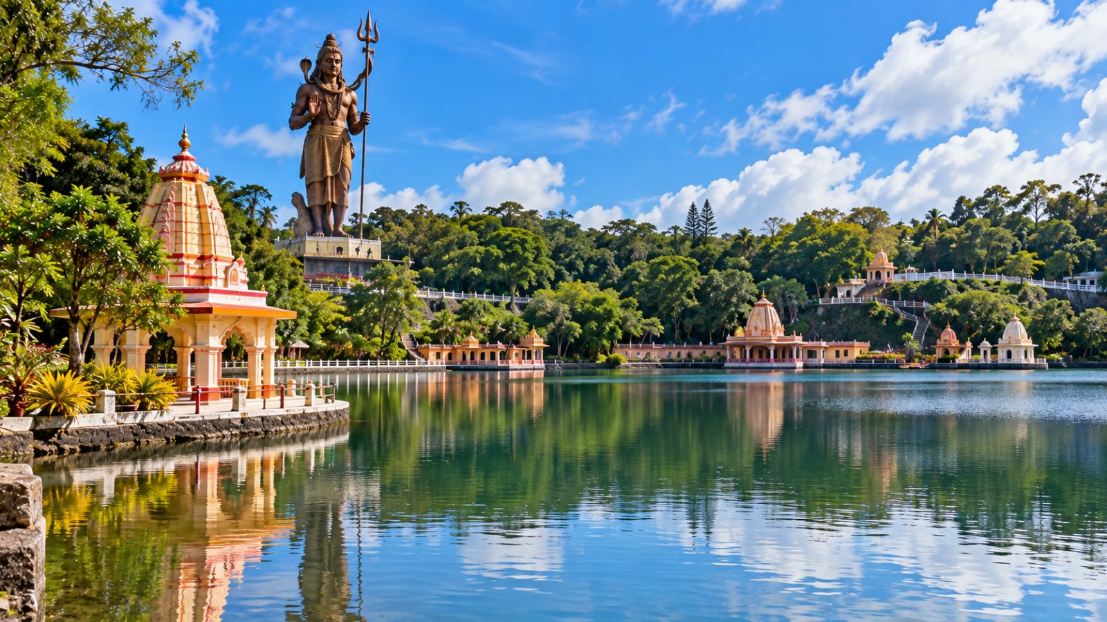 Il lago sacro di Grand Bassin tra le colline verdi, con i templi sulla riva e la grande statua di Shiva che domina il paesaggio