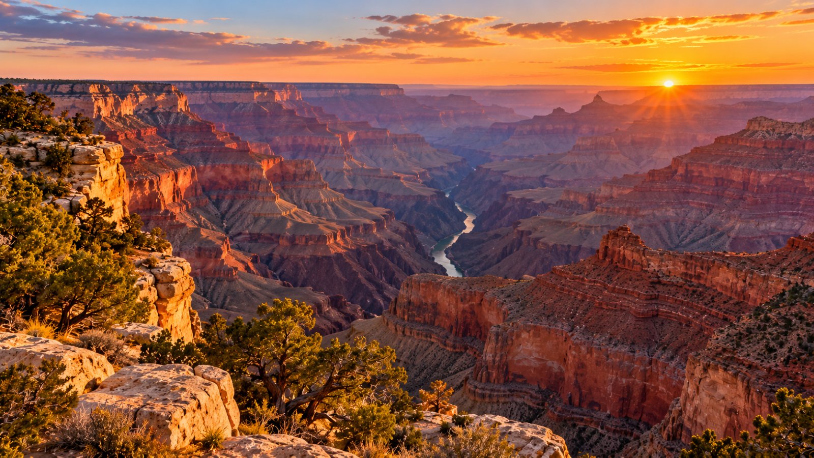 Il Grand Canyon visto dal bordo sud al tramonto, con le pareti stratificate rosse e arancioni e il fiume Colorado che si intravede sul fondo