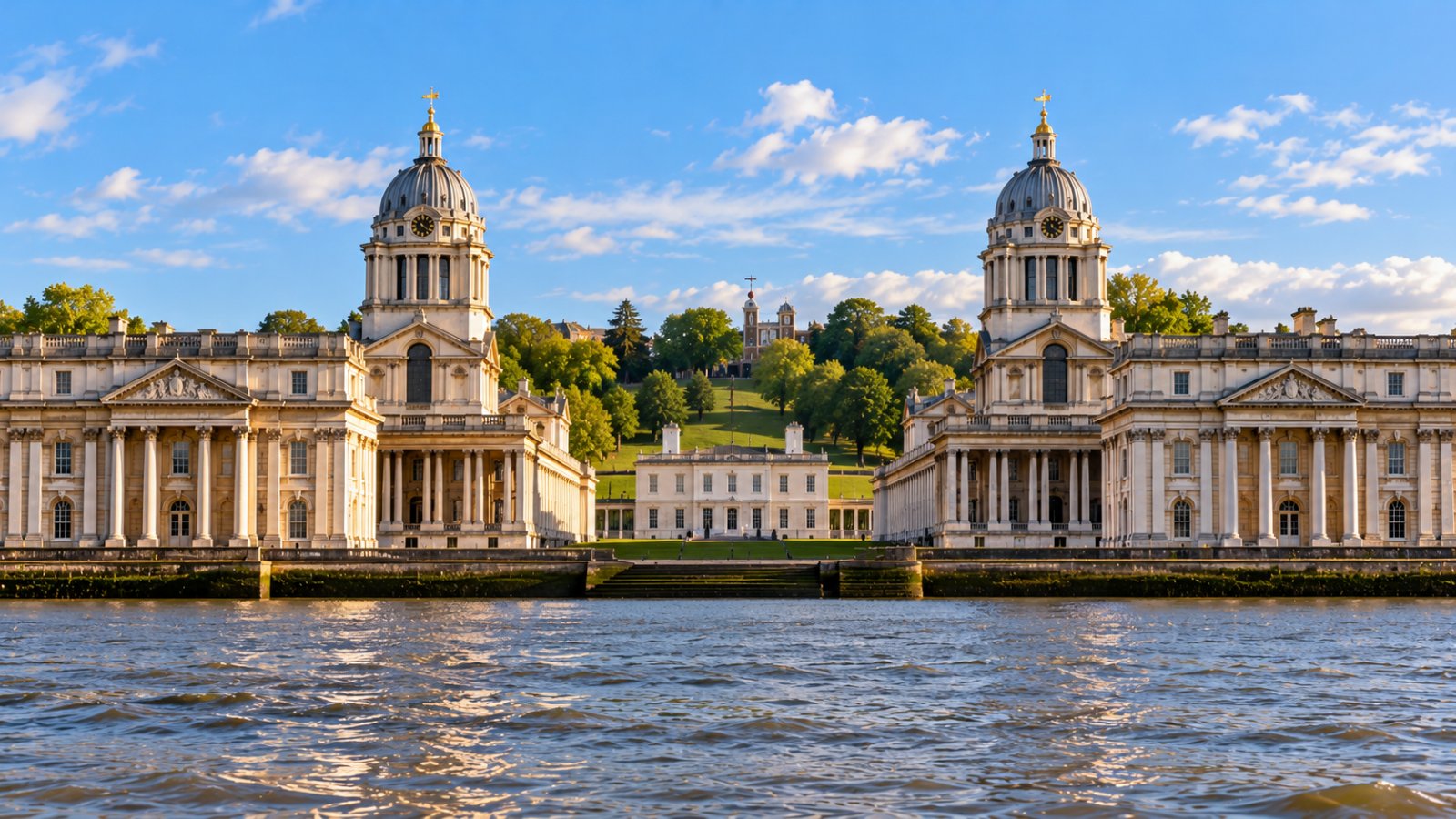 Il Royal Naval College di Greenwich con le sue cupole gemelle visto dal Tamigi, con il parco verde sulla collina alle spalle