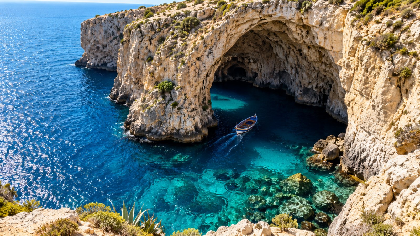 La Grotta Azzurra di Malta, un grande arco di roccia calcarea sul mare blu intenso, con una barchetta che entra nella grotta