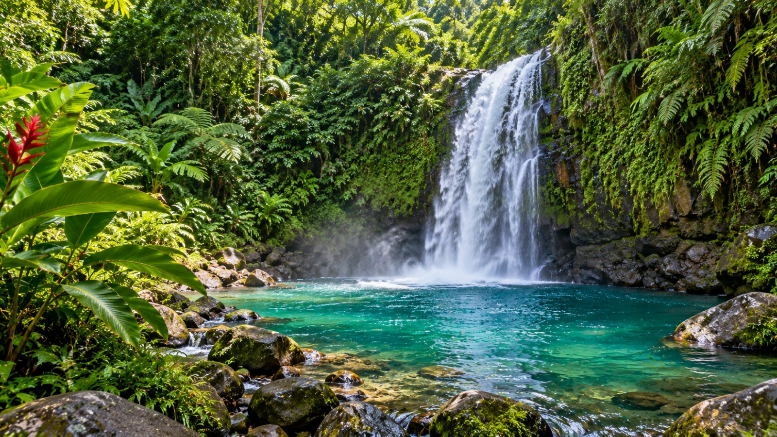 Cascata tra la foresta pluviale e baia di sabbia dorata in Guadalupa