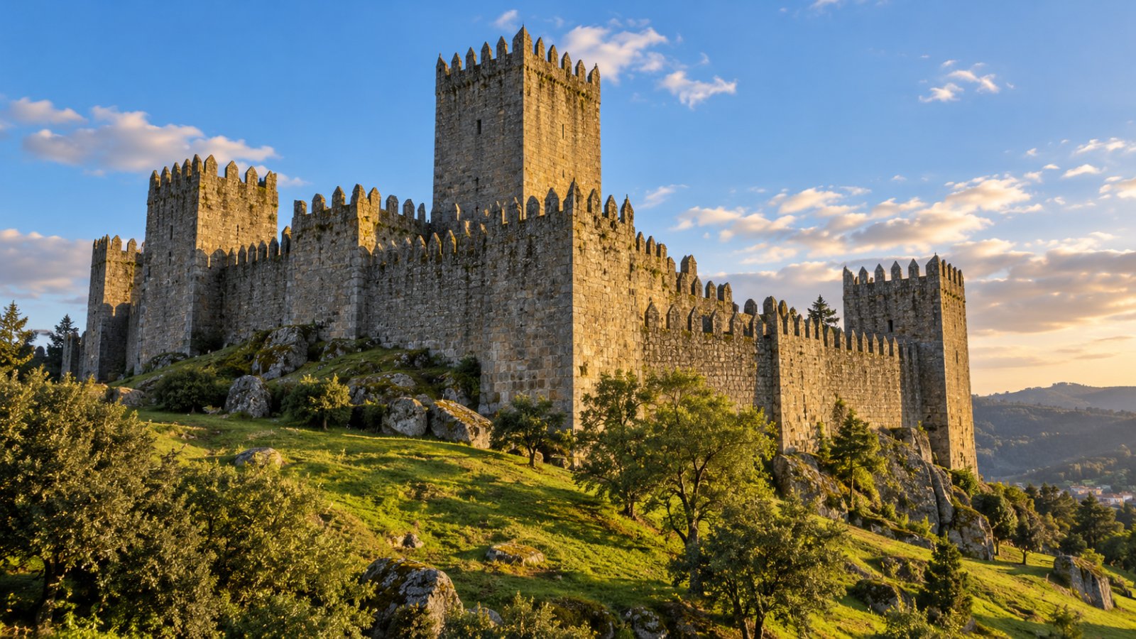 Un castello medievale di granito con torri merlate e un alto mastio su una collina erbosa, alla luce calda del tardo pomeriggio