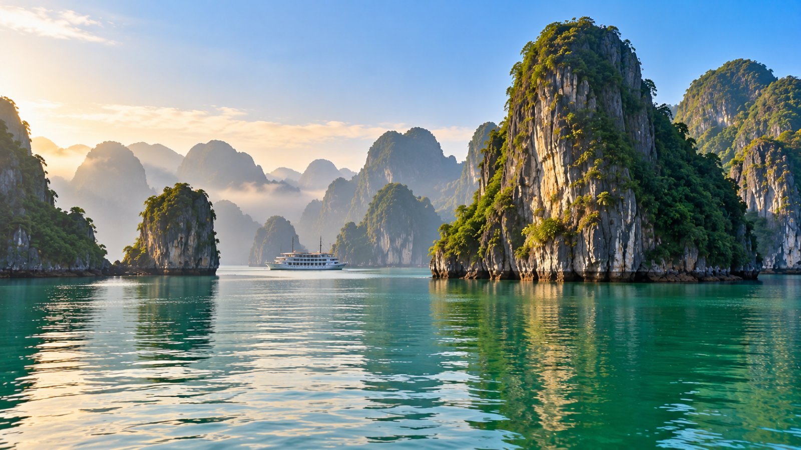 Pinnacoli calcarei coperti di vegetazione che emergono dall'acqua verde smeraldo della baia di Ha Long nella luce del mattino
