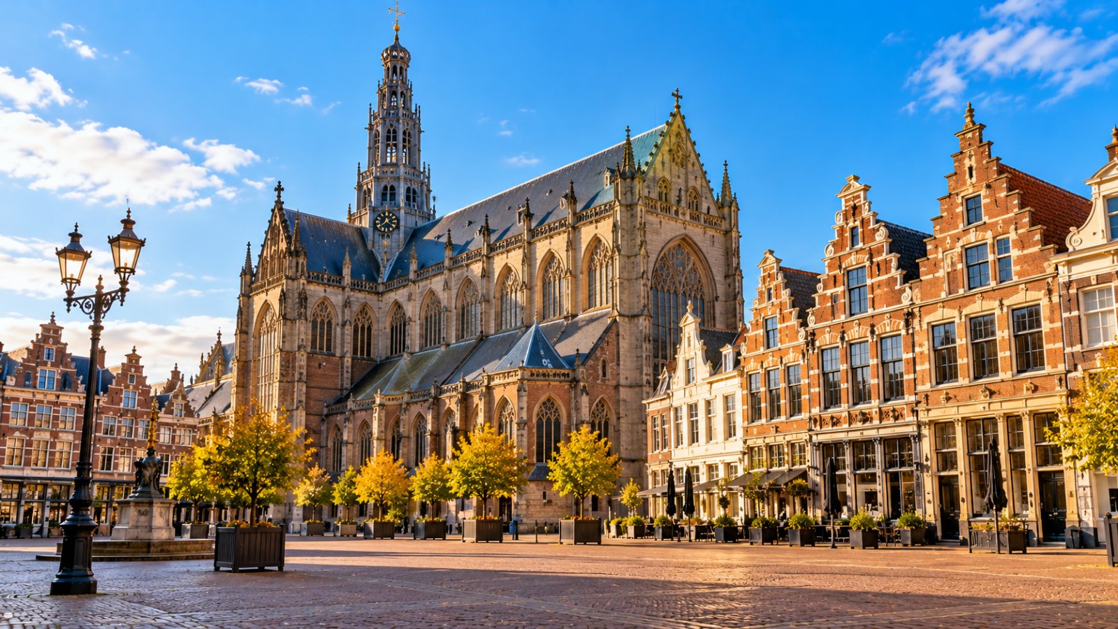 La Grote Markt di Haarlem con la grande chiesa gotica di San Bavone e le facciate storiche a gradini in una mattina luminosa