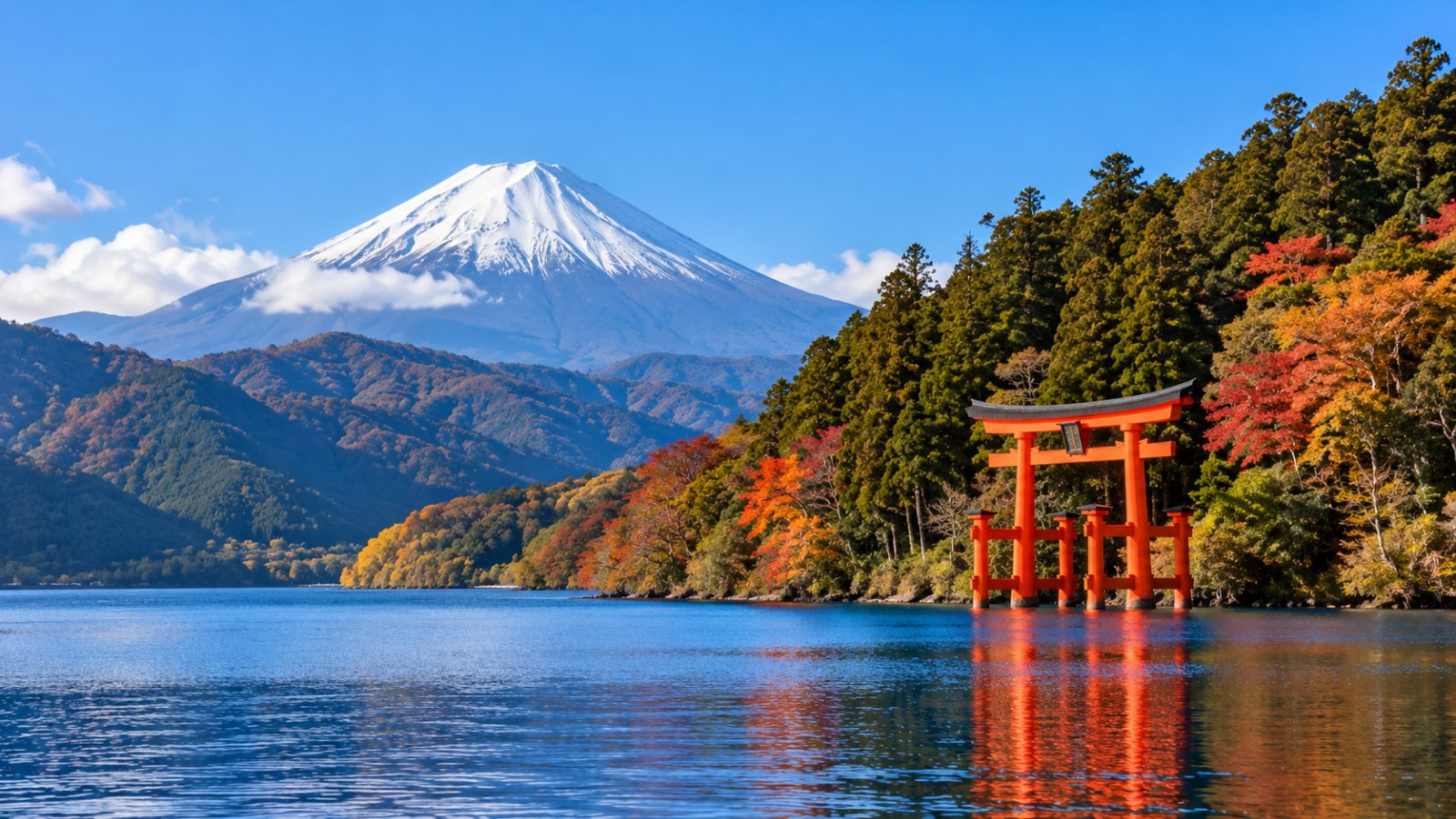 Il lago Ashi a Hakone con il torii rosso sull'acqua, le colline boscose e il Monte Fuji innevato sullo sfondo