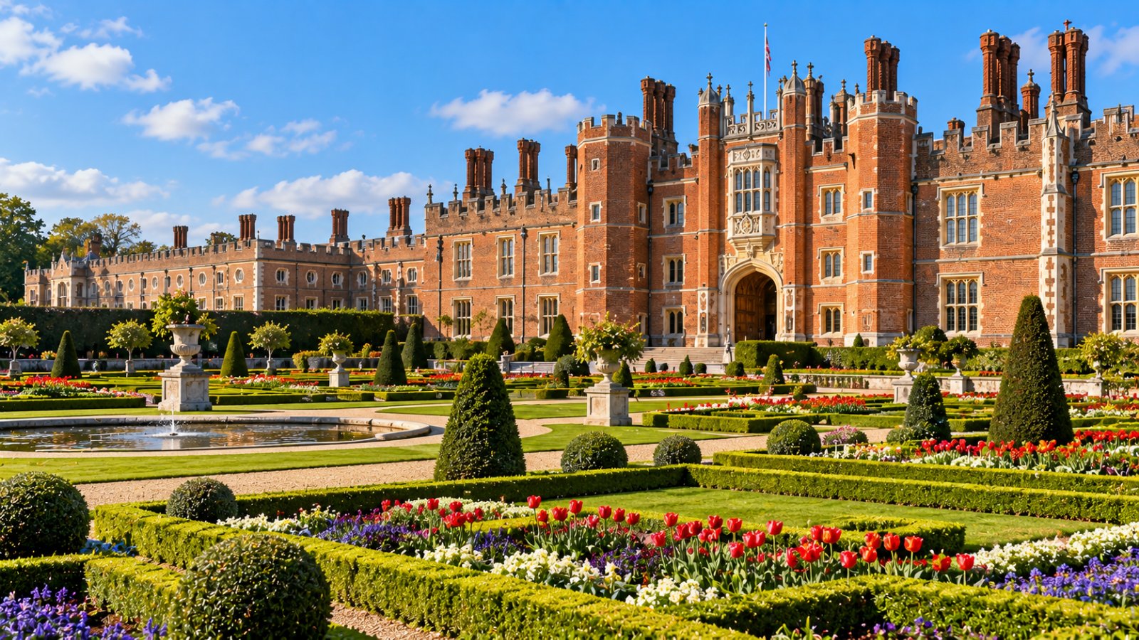 Il palazzo Tudor di Hampton Court in mattoni rossi con i giardini formali e le aiuole geometriche in una giornata di sole