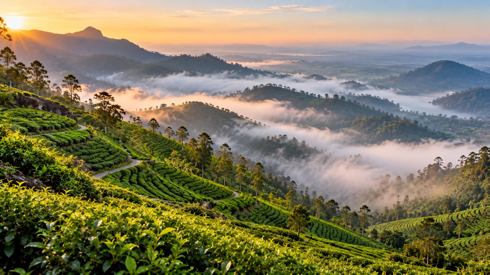 Le colline di Haputale coperte di piantagioni di tè a terrazze, con la nebbia del mattino nelle valli e le pianure del sud sullo sfondo