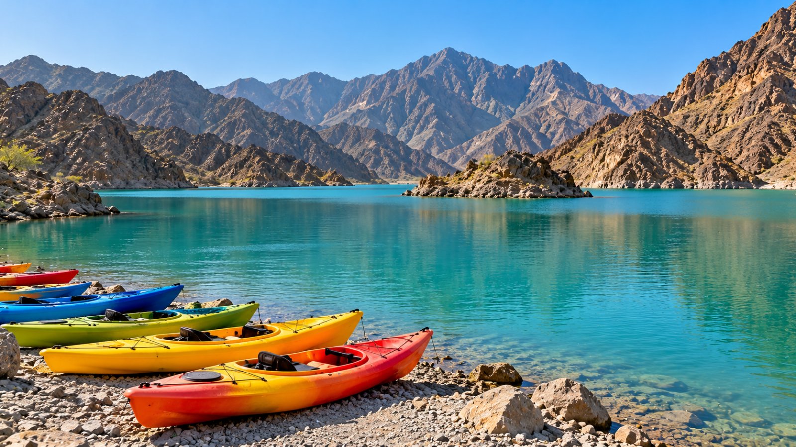 Il lago della diga di Hatta, con l'acqua color turchese tra pareti di roccia brune dei monti Hajar e alcuni kayak colorati vicino alla riva