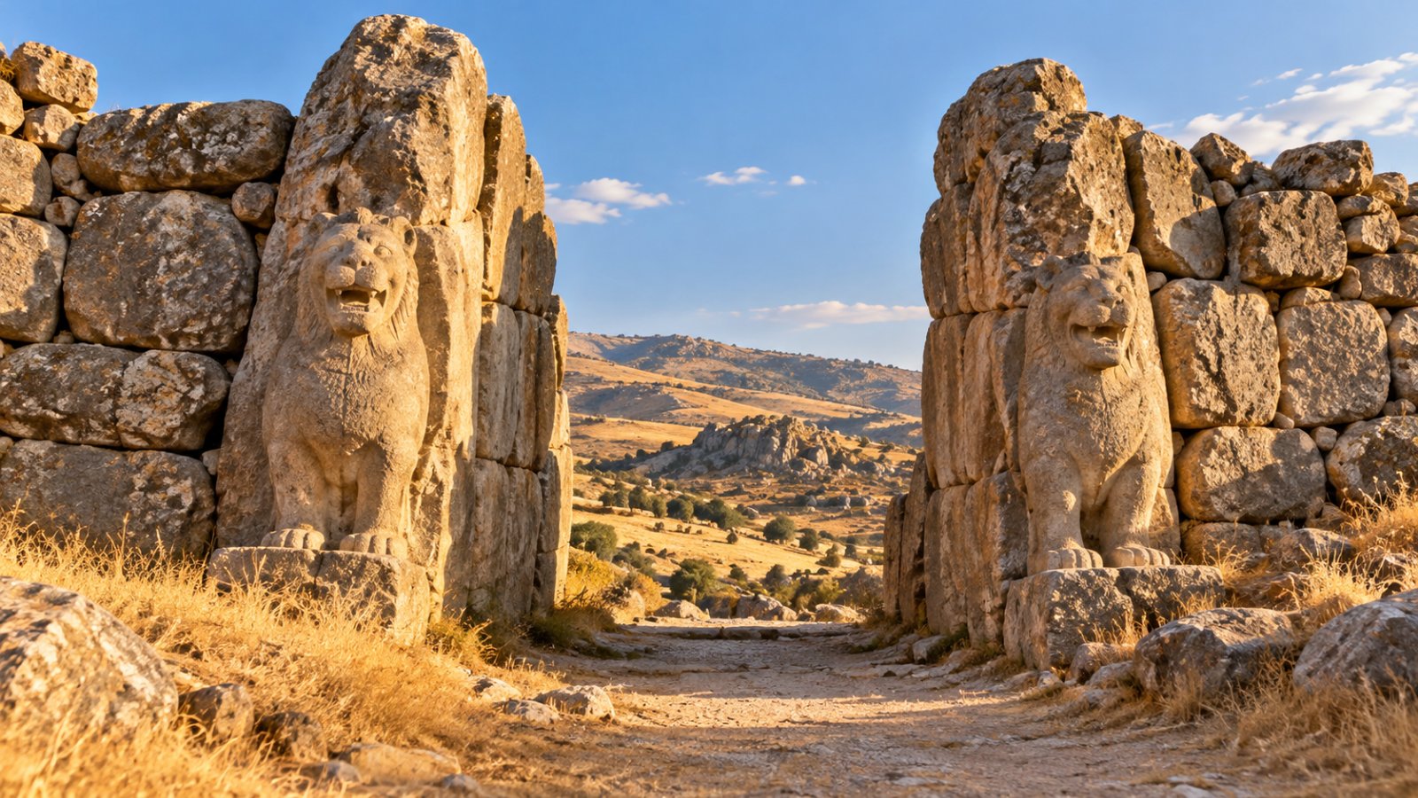 La Porta dei Leoni di Hattuşa, con i due leoni di pietra scolpiti negli stipiti, e sullo sfondo le colline brulle dell'altopiano anatolico