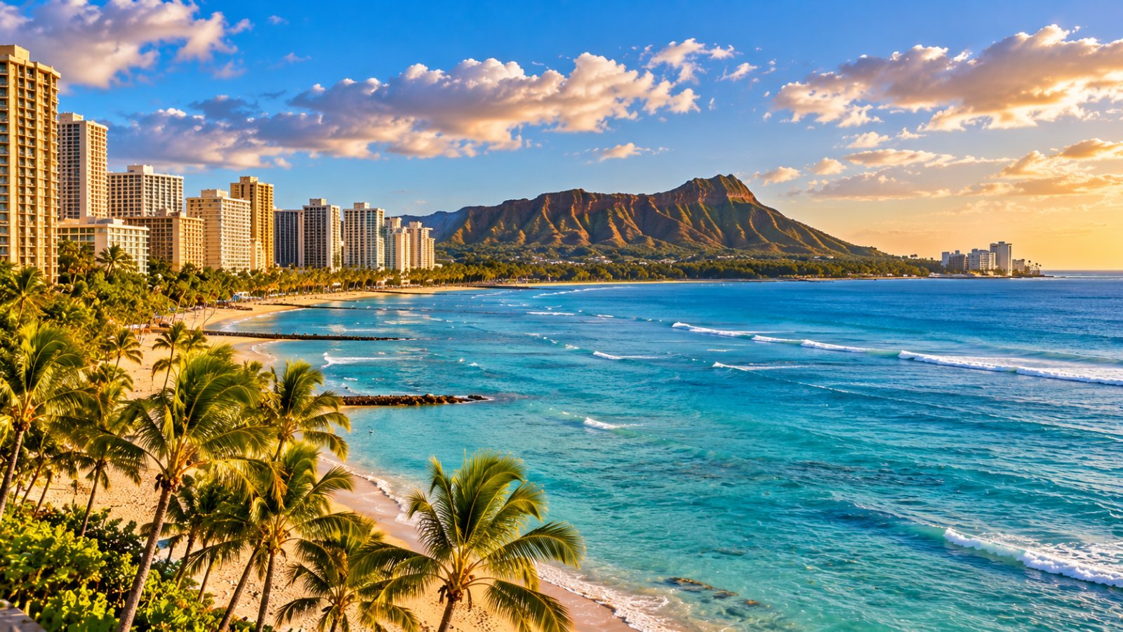 La spiaggia di Waikiki a Honolulu con il cratere del Diamond Head sullo sfondo, palme e mare turchese