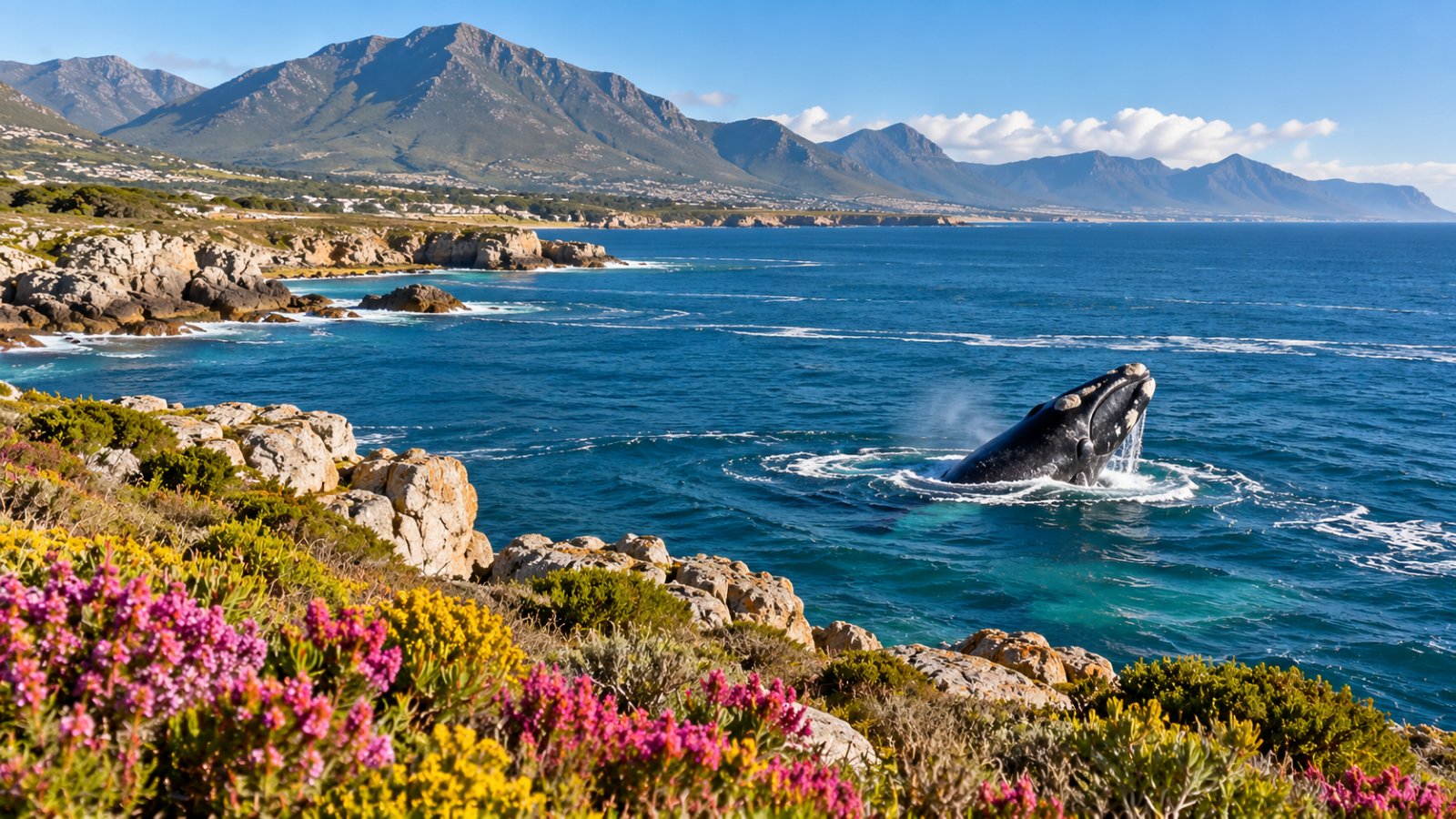 Una balena franca australe che affiora nella baia di Hermanus, vista dalla costa rocciosa con il fynbos fiorito