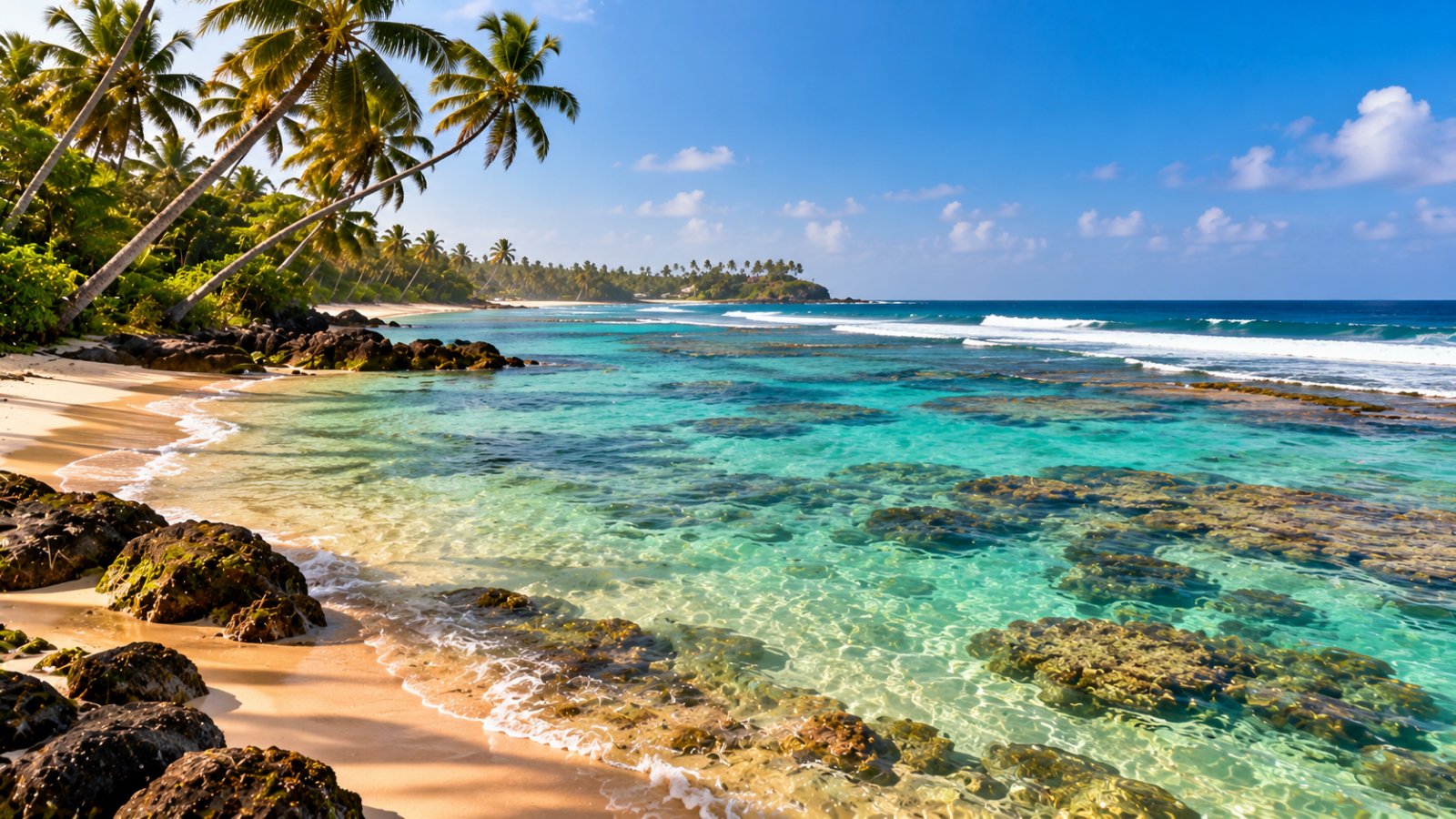 La baia di Hikkaduwa con acqua turchese e bassa sopra la barriera corallina, palme da cocco lungo la spiaggia e onde che si rompono al largo nel pomeriggio
