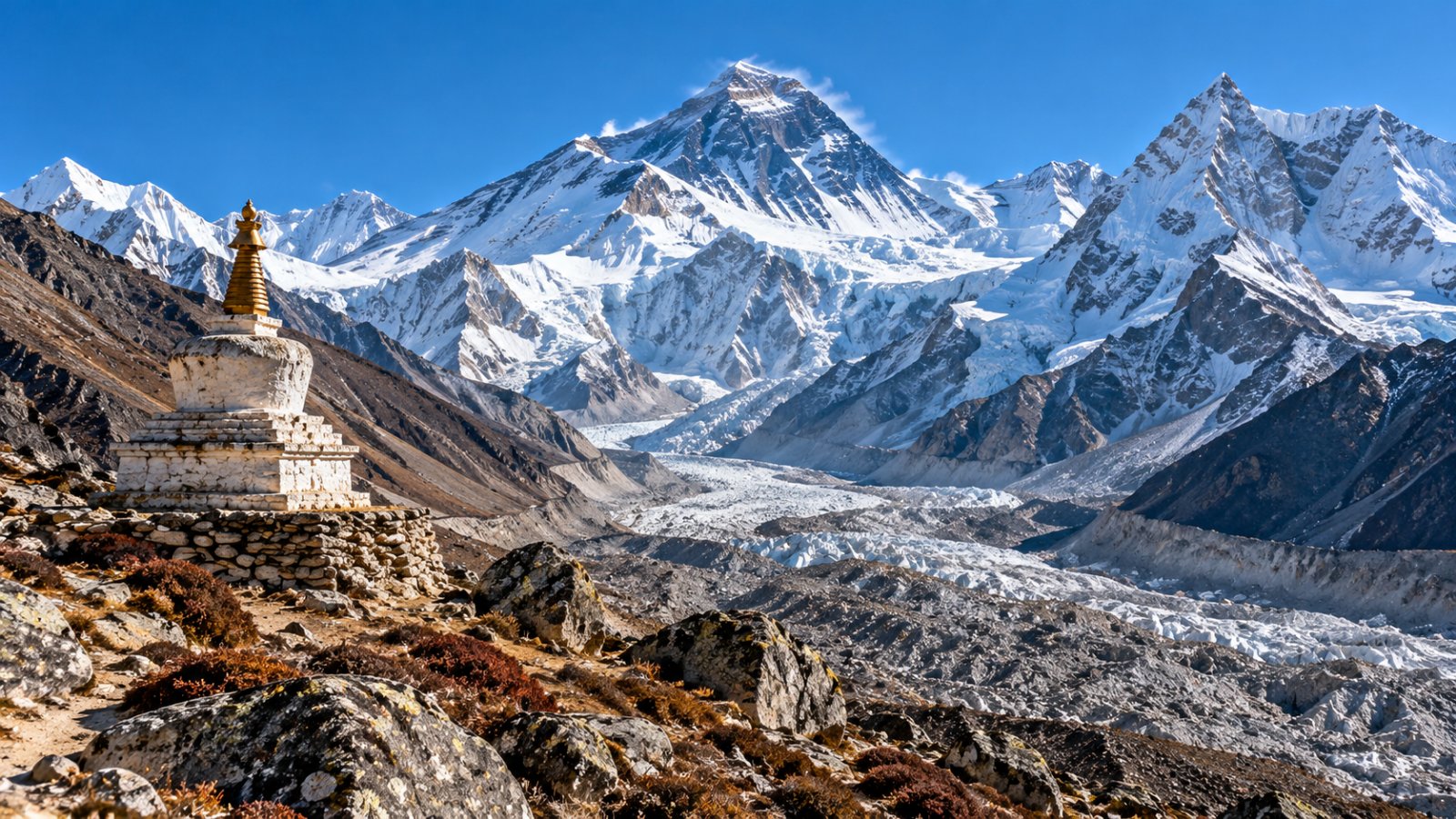 La piramide innevata dell'Everest e le vette vicine sopra una valle glaciale dell'Himalaya, con un piccolo stupa di pietra bianca in primo piano