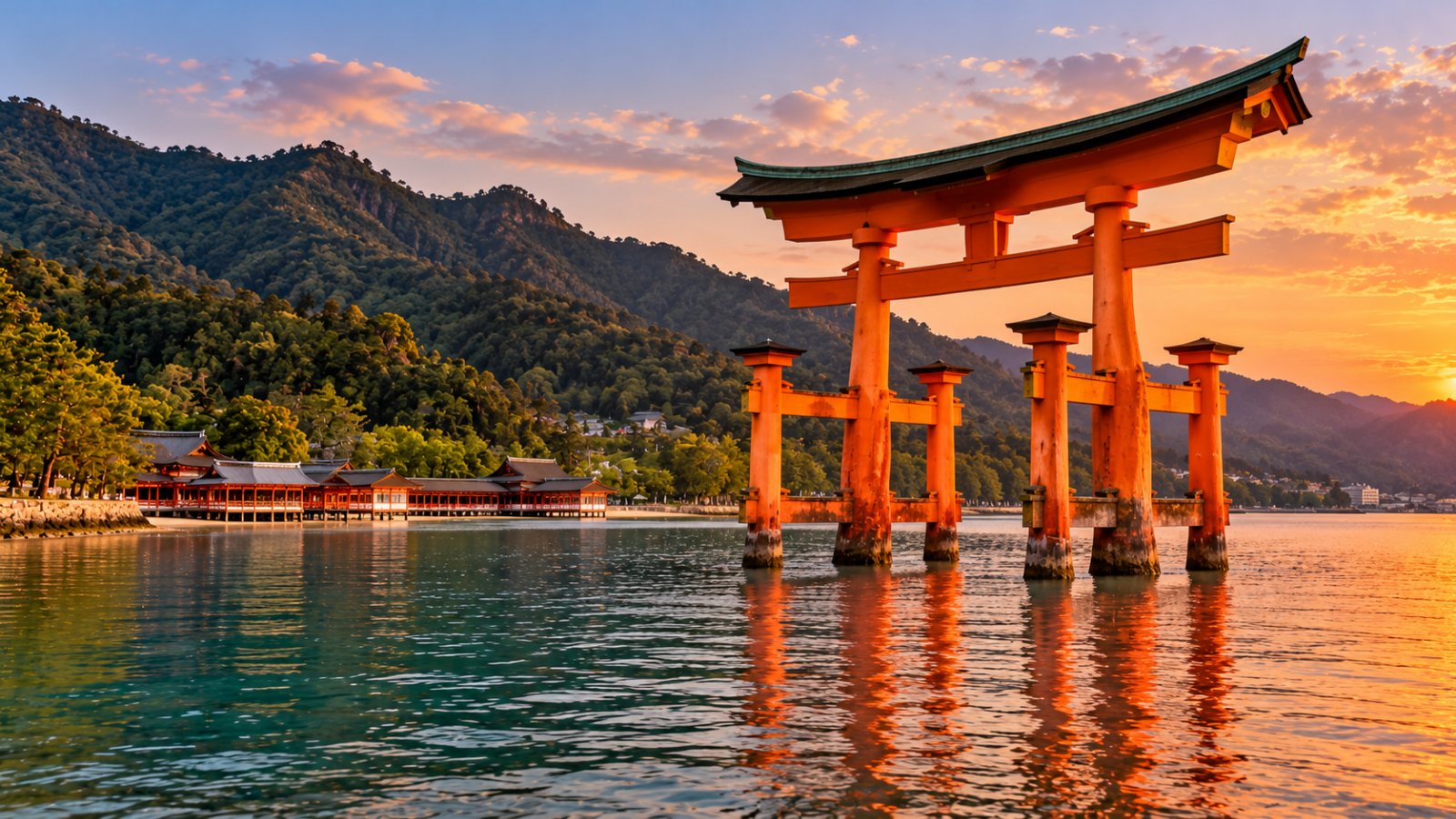 Il grande torii vermiglio di Miyajima che emerge dal mare con l'alta marea, con le colline boscose dell'isola alle spalle