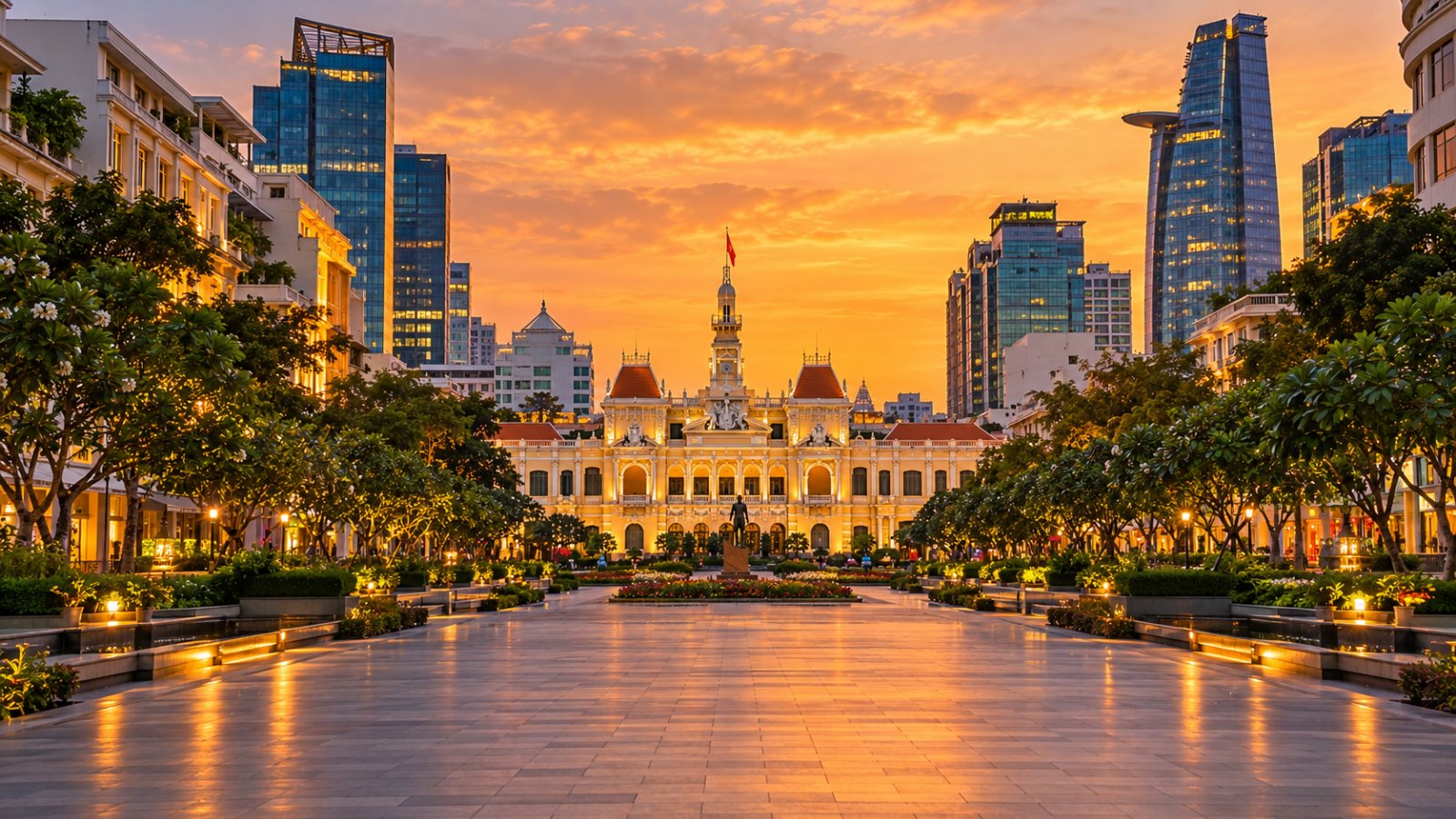 Il viale pedonale Nguyen Hue a Saigon al tramonto, con il palazzo coloniale giallo del municipio sullo sfondo e i grattacieli moderni ai lati