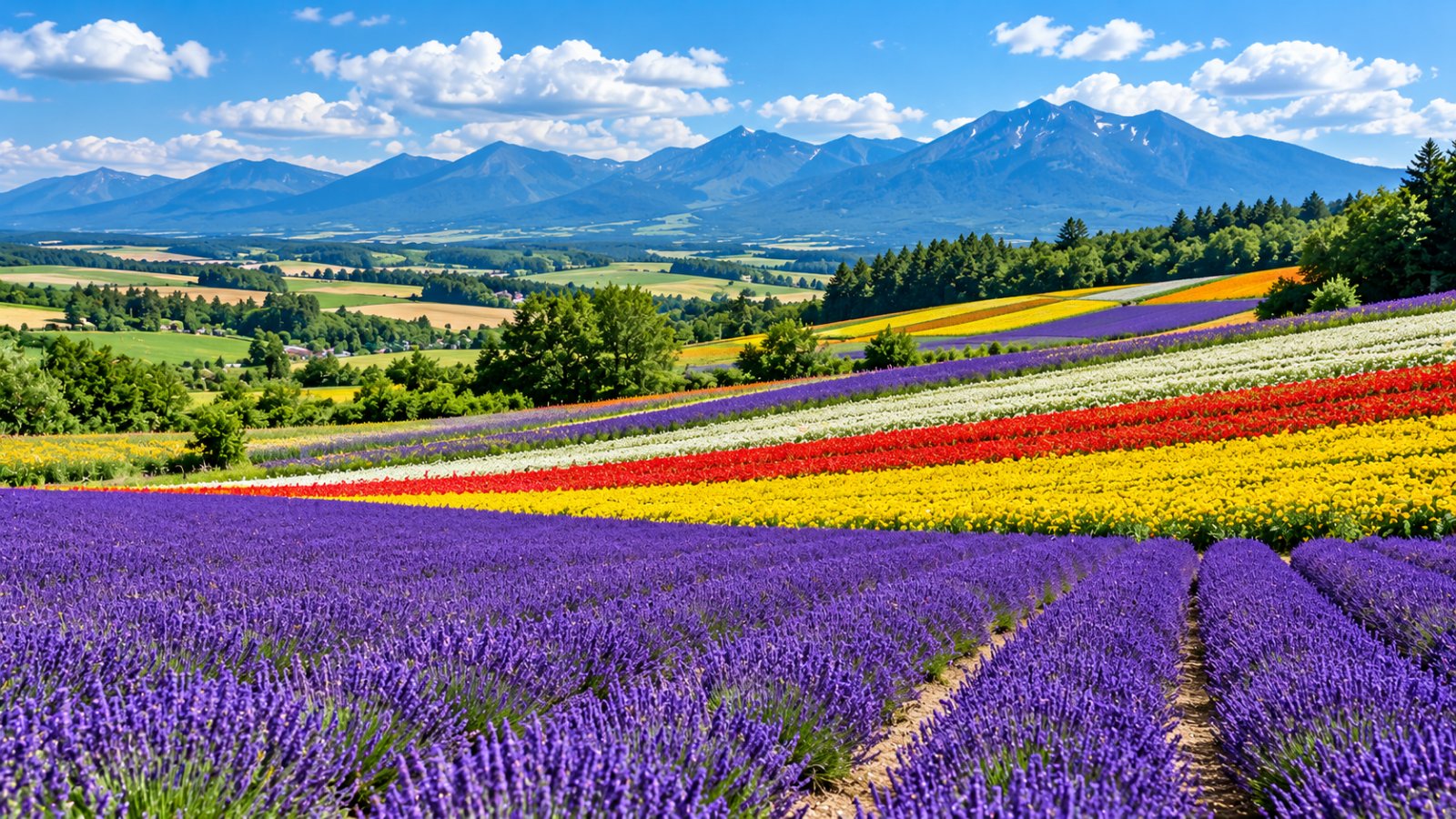 Campi di lavanda viola e fiori a strisce colorate su dolci colline a Furano in estate, con montagne azzurre all'orizzonte