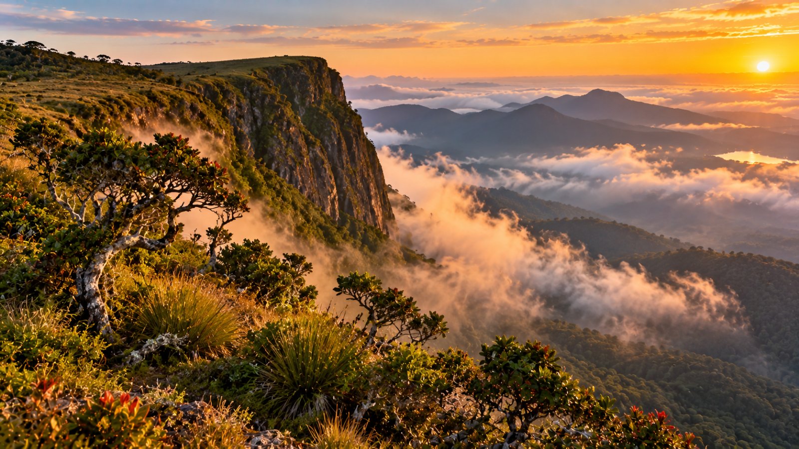 Il ciglio della scarpata di World's End a Horton Plains all'alba, con le nuvole basse che salgono dalla pianura e l'altopiano erboso punteggiato di alberi contorti