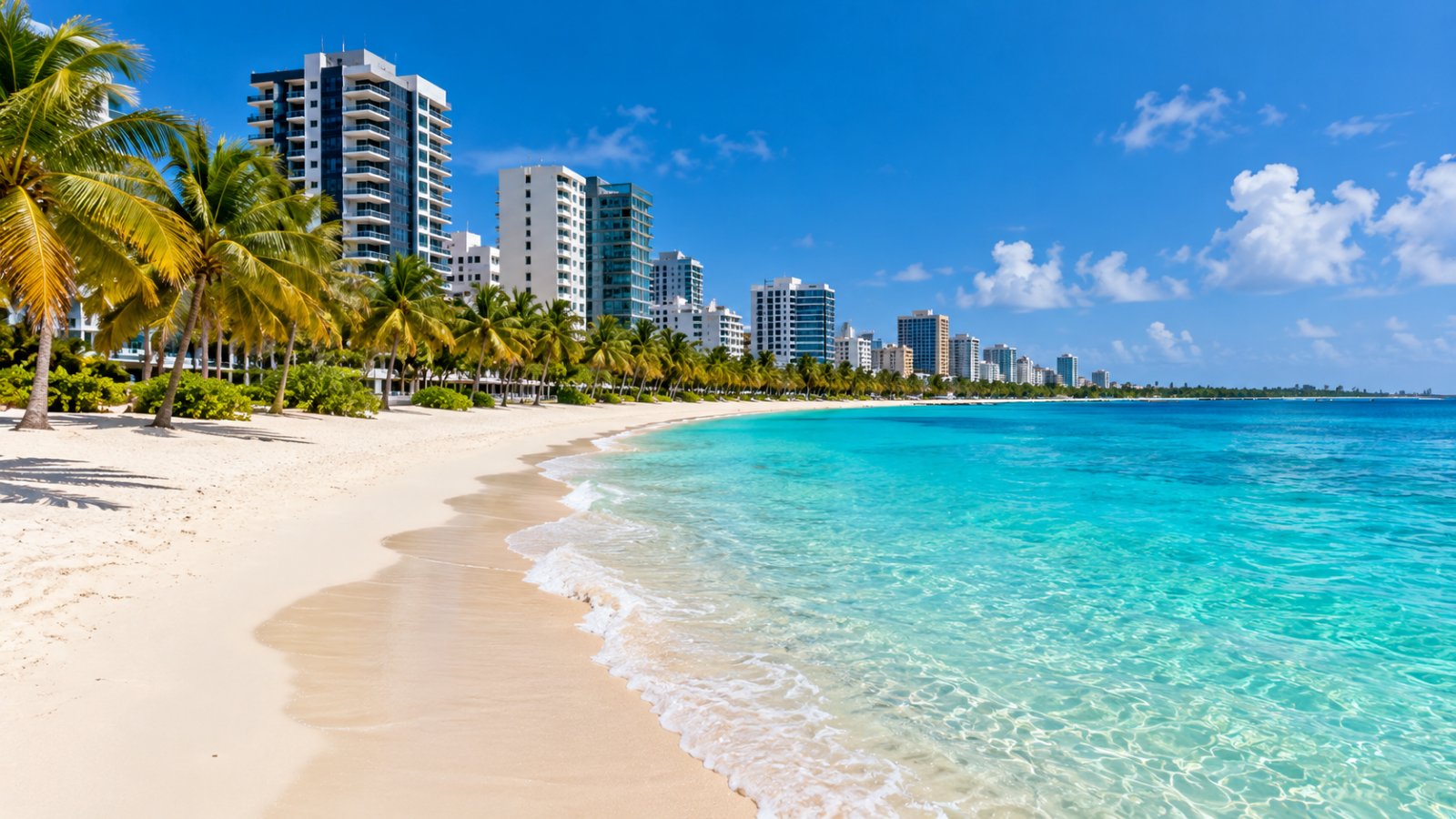 La spiaggia pubblica di Hulhumalé con palme e sabbia bianca davanti a palazzi moderni, mare turchese