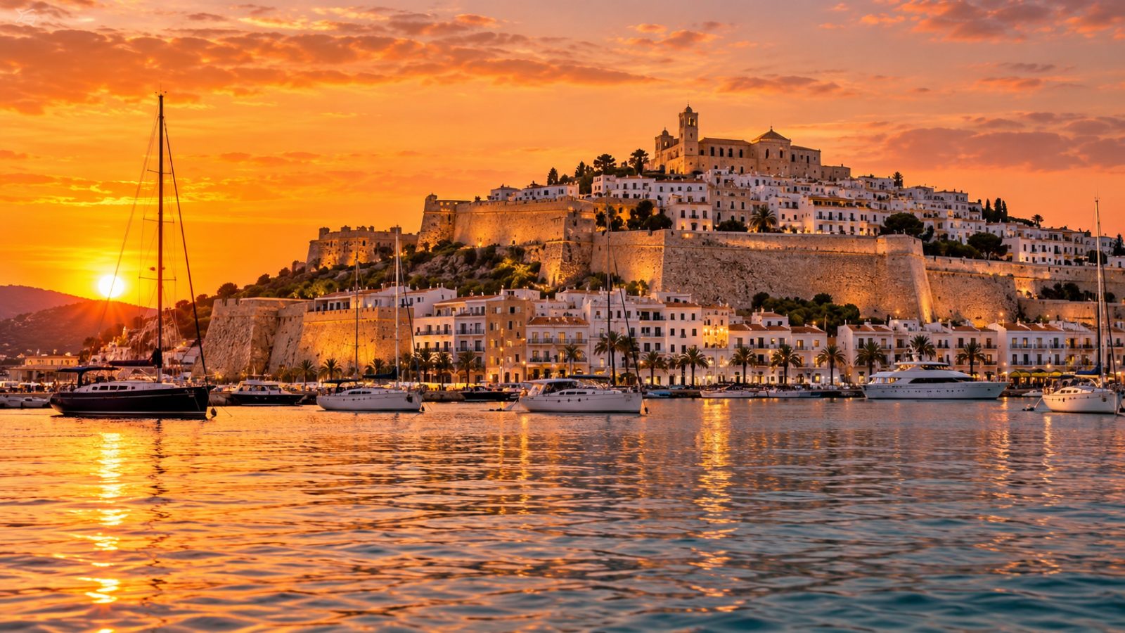 Dalt Vila, la città vecchia fortificata di Ibiza, vista dal mare al tramonto