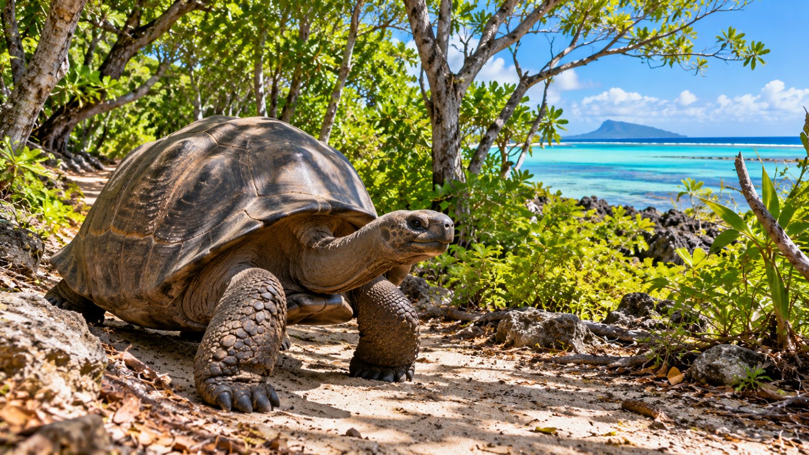 Una tartaruga gigante su un sentiero nella foresta costiera dell'Île aux Aigrettes, con la laguna turchese che si intravede tra gli alberi