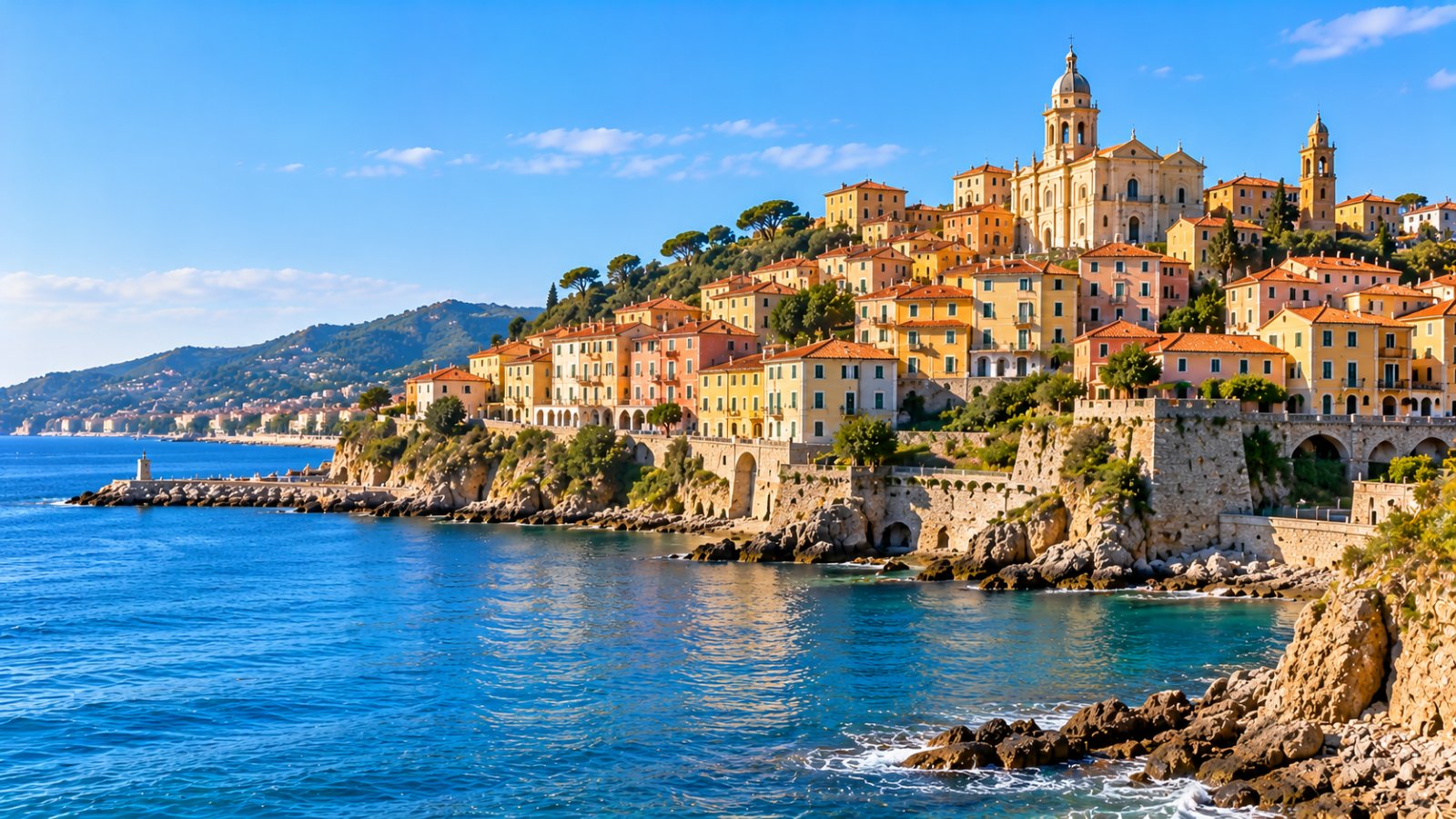 Il borgo di Porto Maurizio a Imperia sul promontorio con la grande basilica e le case colorate sopra il mare