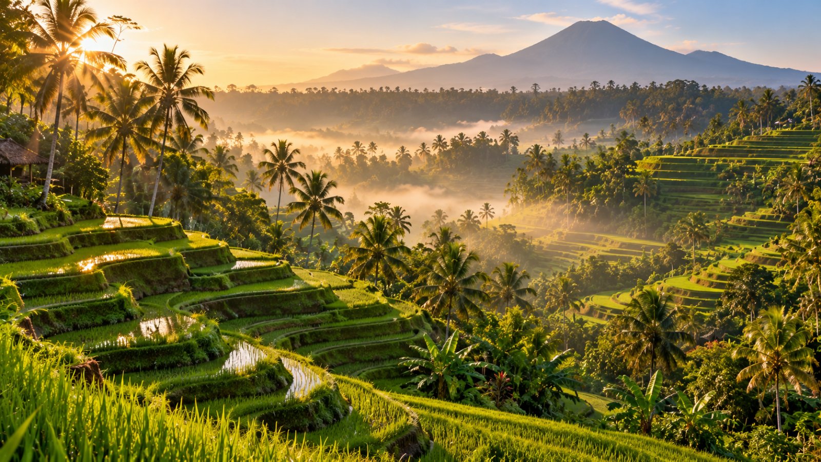 Risaie a terrazza di Bali tra le palme, nella luce del mattino
