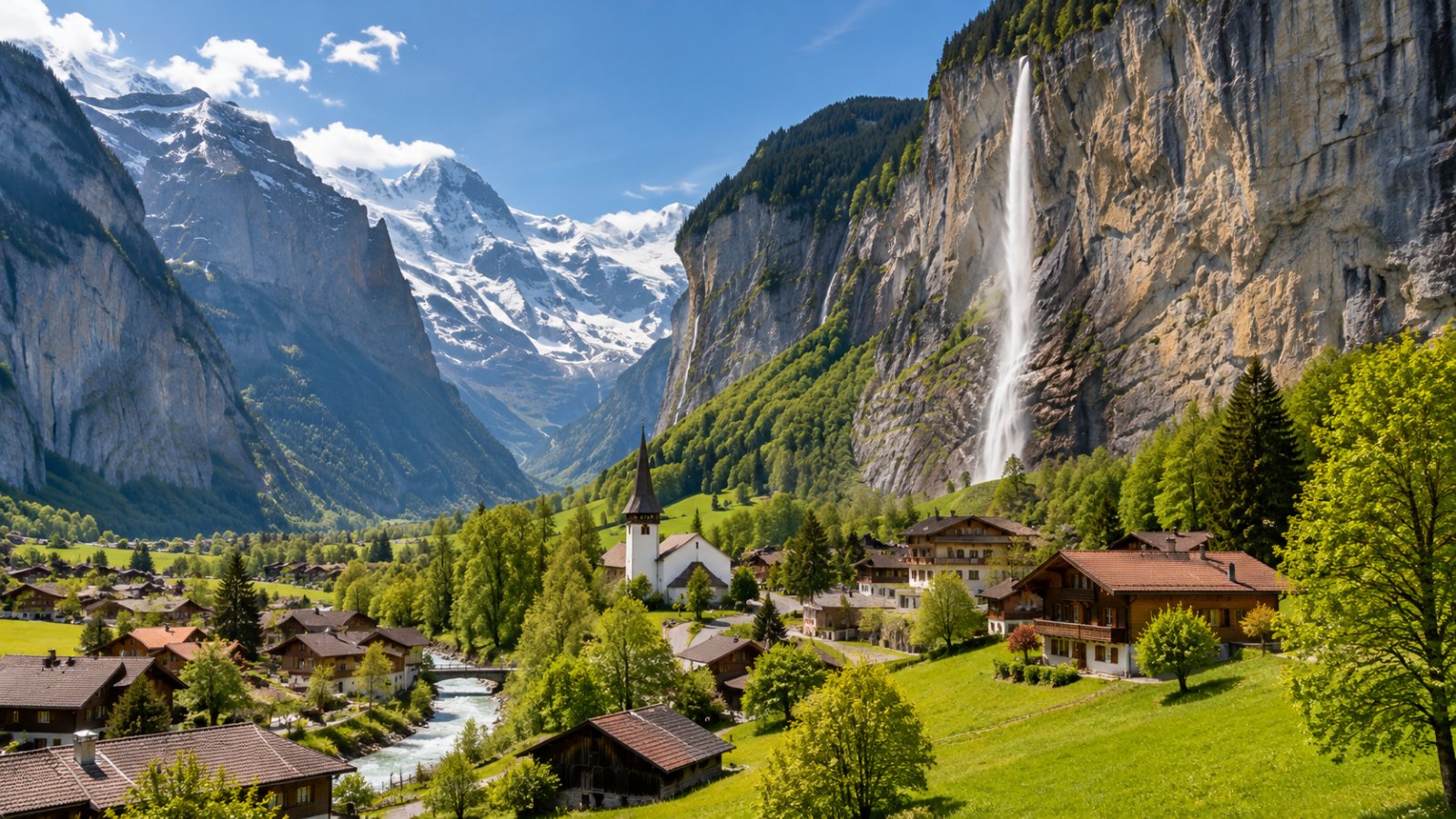Una valle glaciale verde con pareti rocciose verticali, una lunga cascata sottile e un villaggio di chalet con una chiesetta bianca, cime innevate sullo sfondo