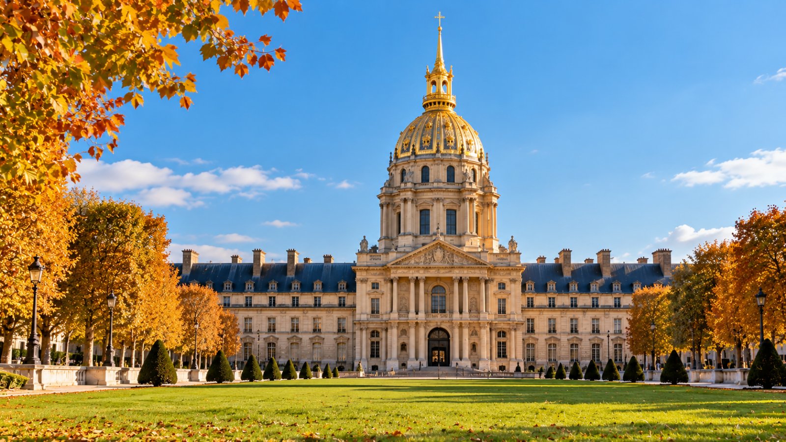 La cupola dorata dell'Hôtel des Invalides vista dalla spianata erbosa in una giornata limpida