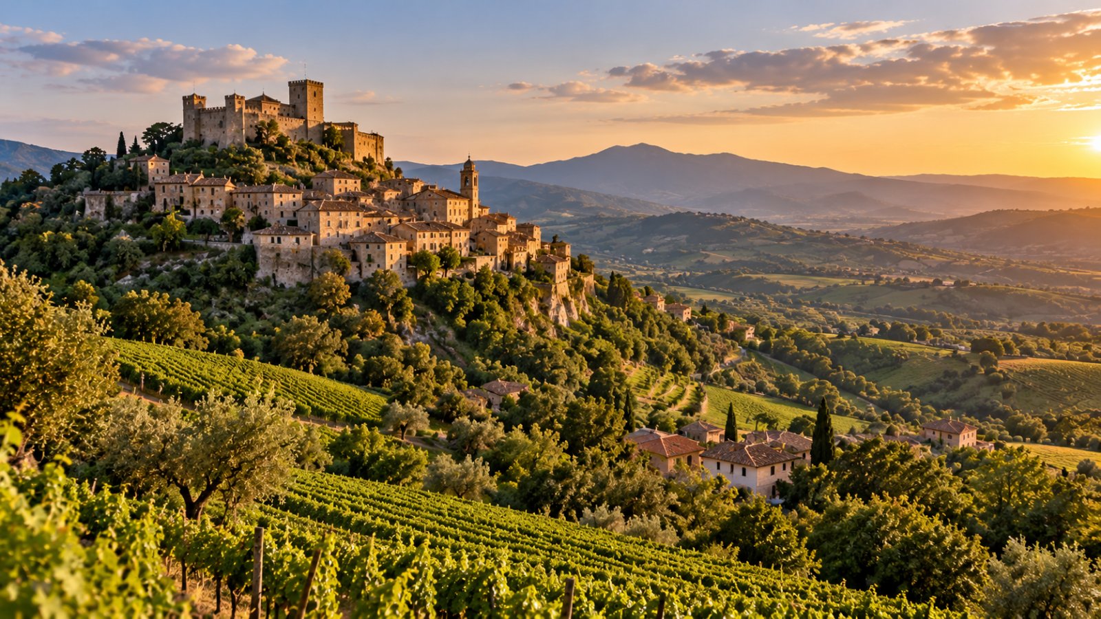 Colline verdi dell'Irpinia con vigneti e boschi, e un borgo antico in pietra con il castello sulla cima