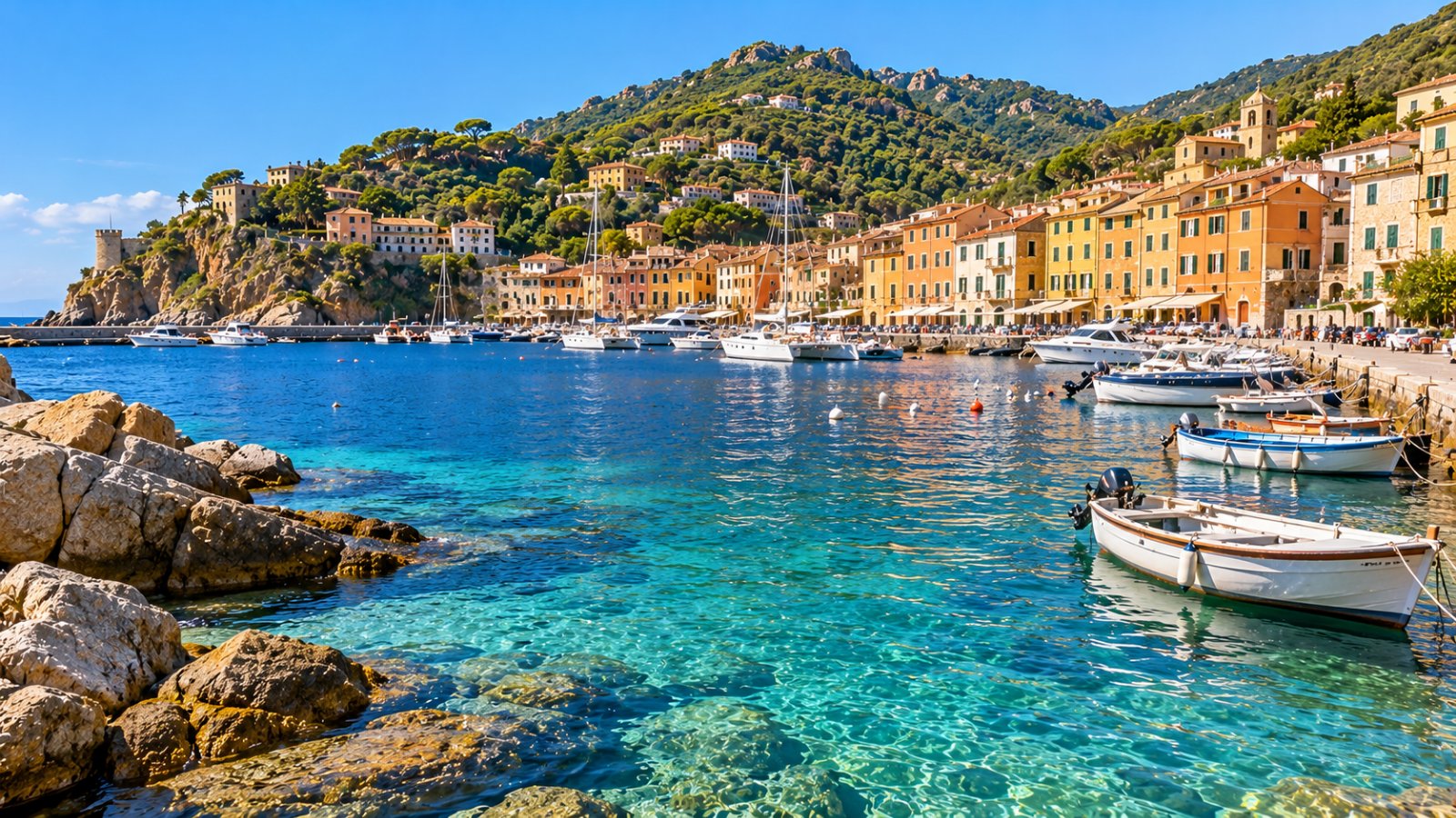Giglio Porto con le case colorate affacciate sul porticciolo e l'acqua trasparente, con le colline verdi alle spalle