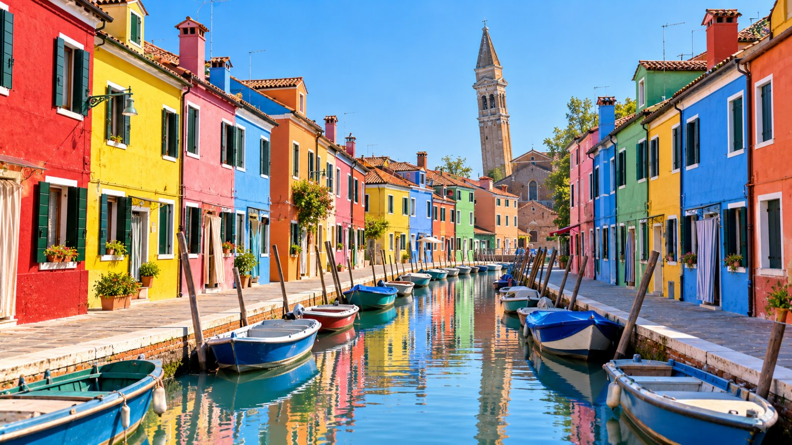 Case dai colori vivaci affacciate su un canale di Burano, con barche ormeggiate lungo la fondamenta e il campanile pendente sullo sfondo