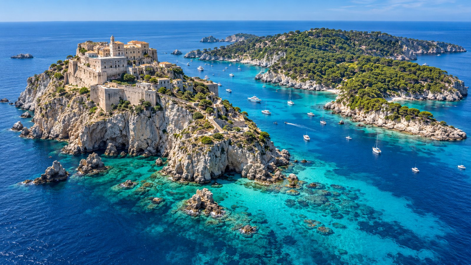 Le isole Tremiti viste dall'alto, con San Nicola e la sua abbazia fortificata, San Domino coperta di pini e barche nel mare turchese