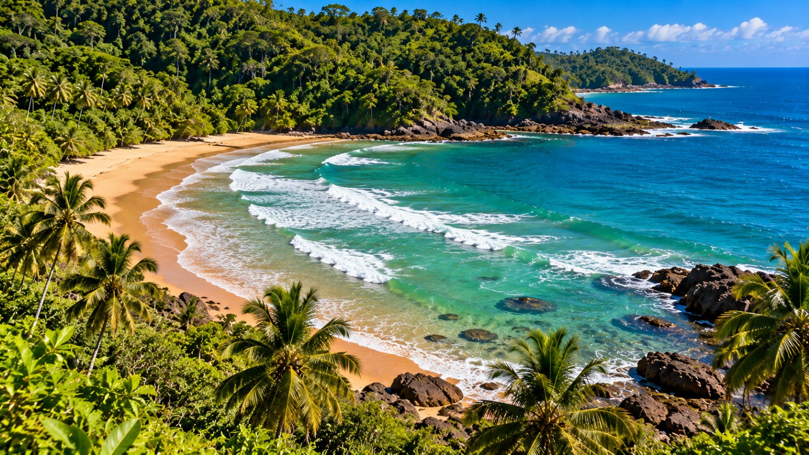 Una piccola baia di Itacaré circondata dalla foresta atlantica, con onde da surf che si rompono sulla sabbia dorata