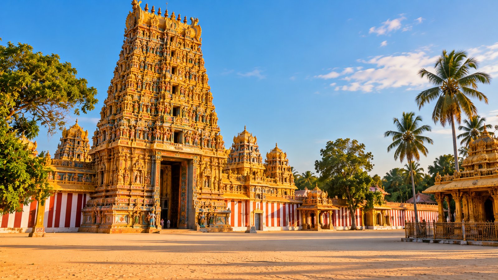 L'ingresso del tempio di Nallur a Jaffna nella luce dorata del tardo pomeriggio, con l'alta torre gopuram decorata e il grande piazzale di sabbia davanti