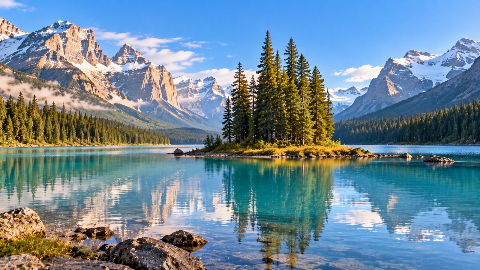 Il piccolo isolotto alberato di Spirit Island sul lago Maligne, con l'acqua turchese e le montagne innevate sullo sfondo nella luce del mattino