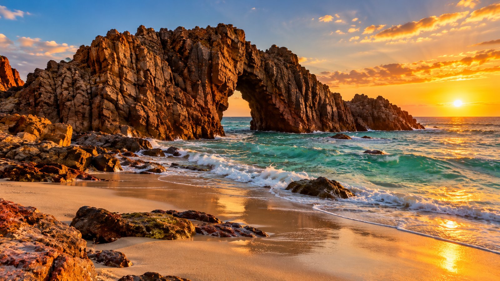 La Pedra Furada di Jericoacoara, un arco di roccia scura sulla spiaggia, con il mare verde-azzurro e il sole basso del tardo pomeriggio