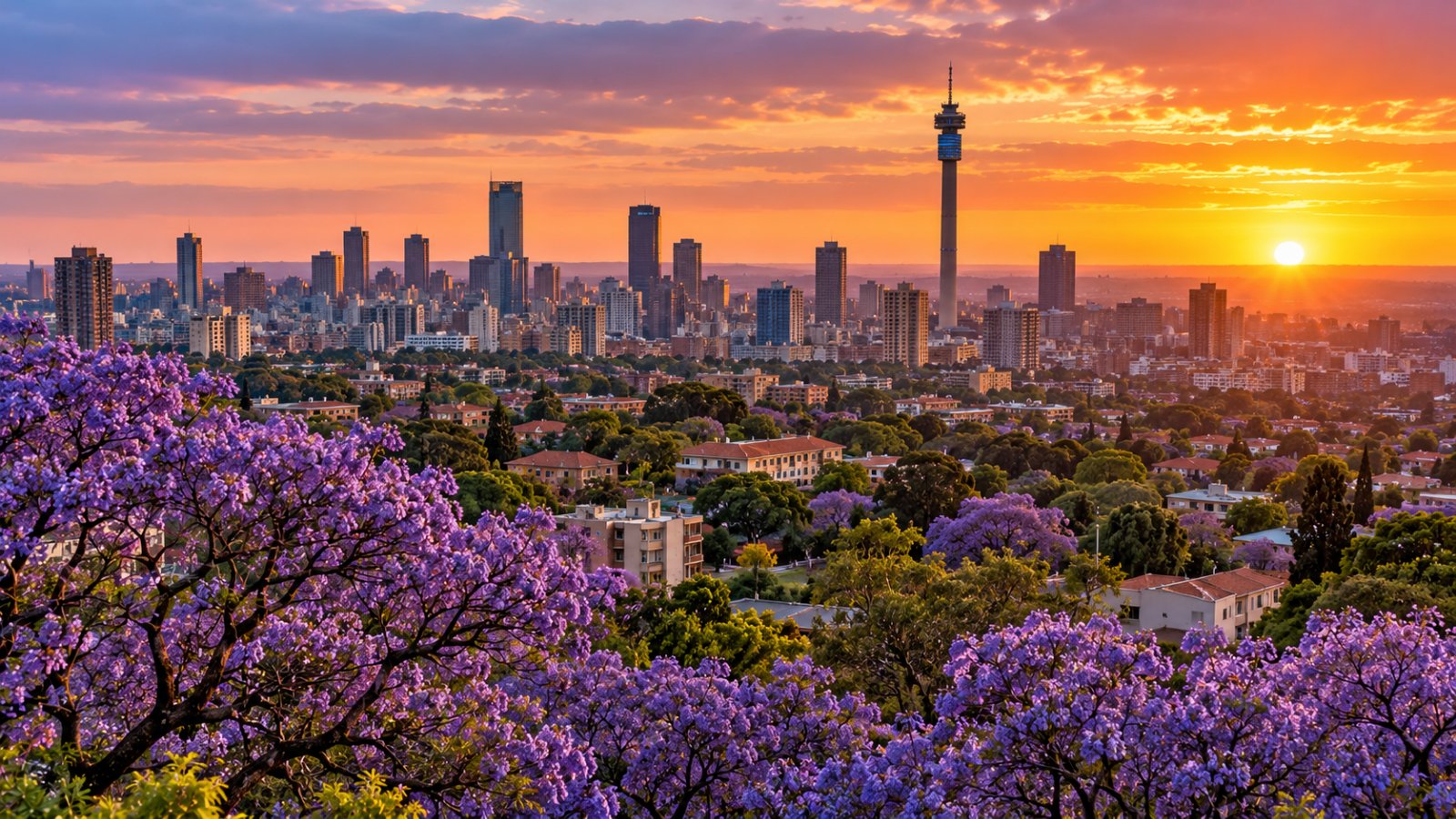 Lo skyline di Johannesburg con la torre di Hillbrow al tramonto e gli alberi di jacaranda in fiore in primo piano