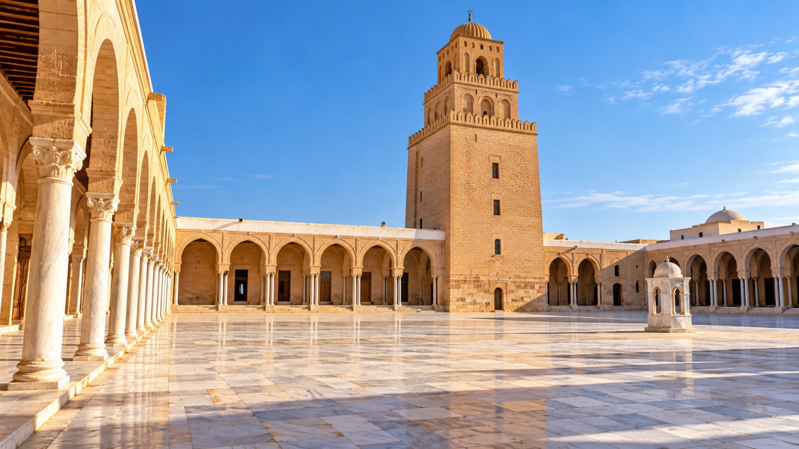 Il cortile della Grande Moschea di Kairouan pavimentato in marmo chiaro, con le arcate del portico e il massiccio minareto quadrato a tre piani sotto un cielo azzurro