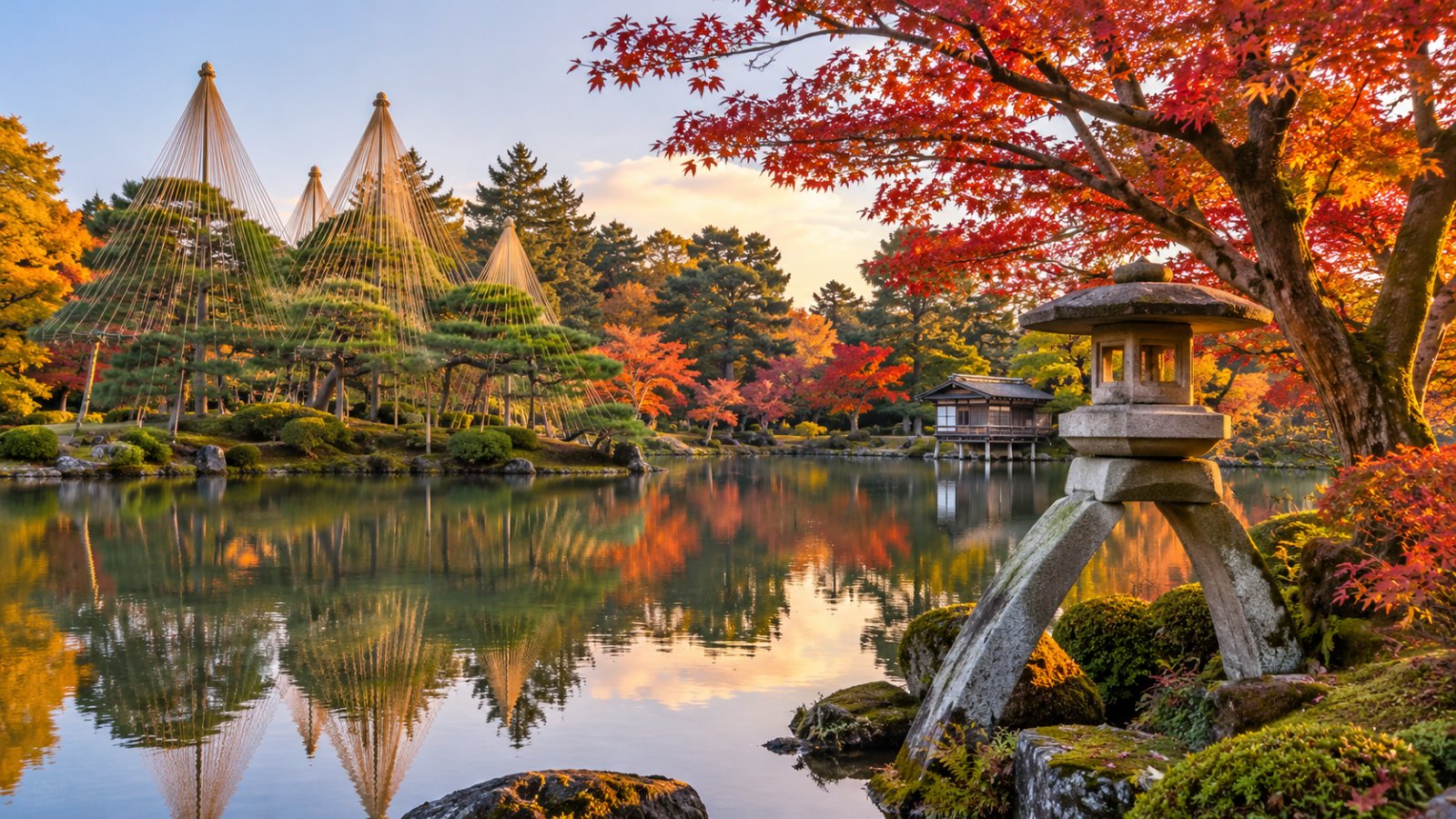 Il giardino Kenroku-en a Kanazawa in autunno, con la lanterna di pietra sul bordo dello stagno, gli aceri rossi e i pini sostenuti dalle corde