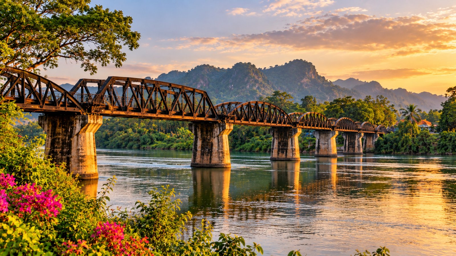 Il ponte ferroviario in ferro sul fiume Kwai a Kanchanaburi, con le rive coperte di vegetazione nella luce calda del tardo pomeriggio