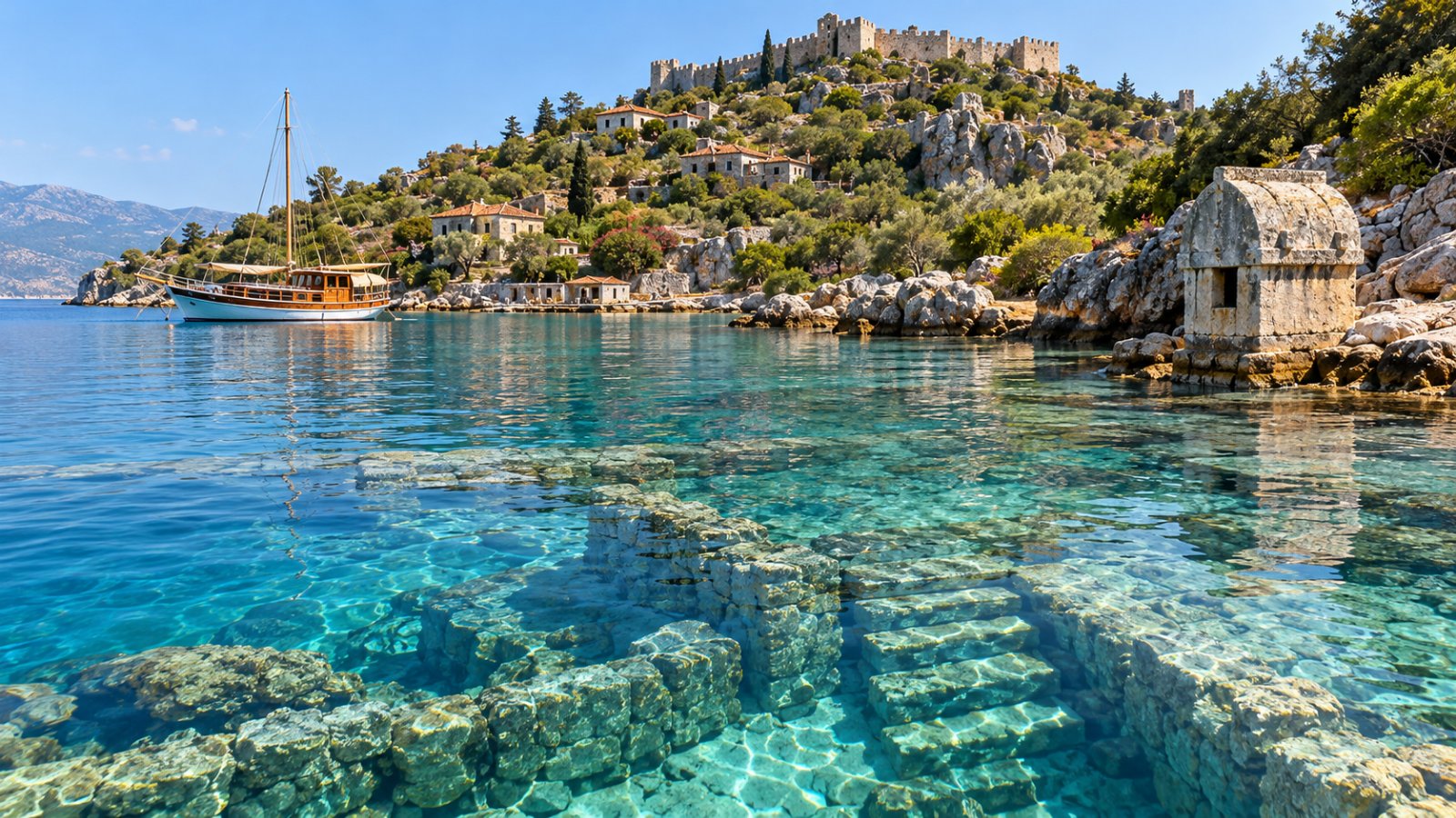 Le rovine della città sommersa di Kekova affioranti nell'acqua turchese, con il castello di Simena sulla collina e una barca di legno nella baia